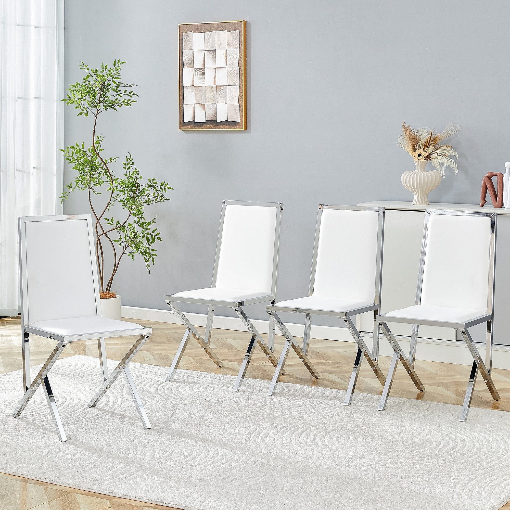 Roomfitters Pu Leather Dining Chairs Silver X Frame Leg Luxury Ergonomic Upholstered Seating Set Of 4 Side Chairs