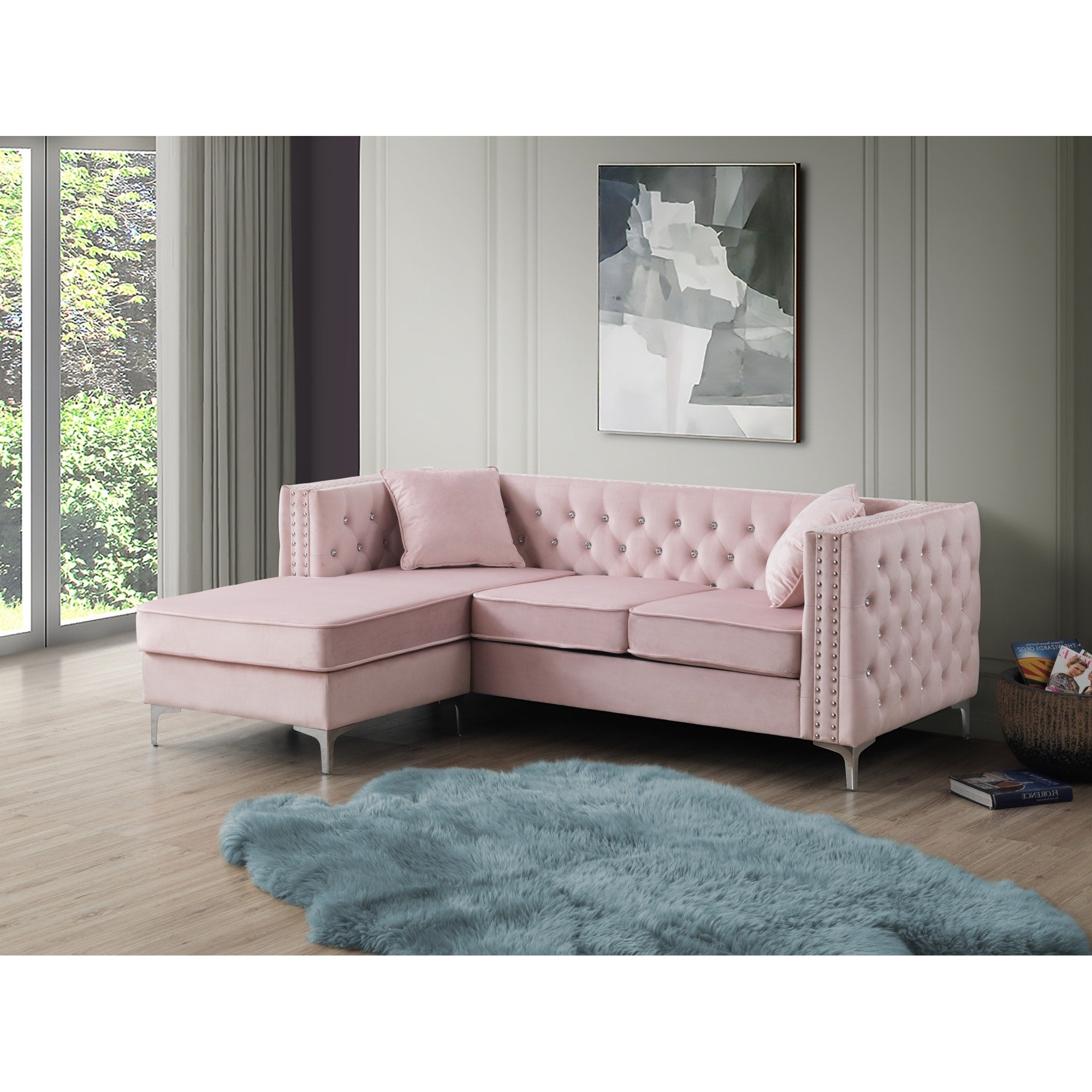 Roomfitters Paige Velvet Sectional Reversible Chaise Jeweled Tufted L Shaped Sofa Glam Chrome Legs