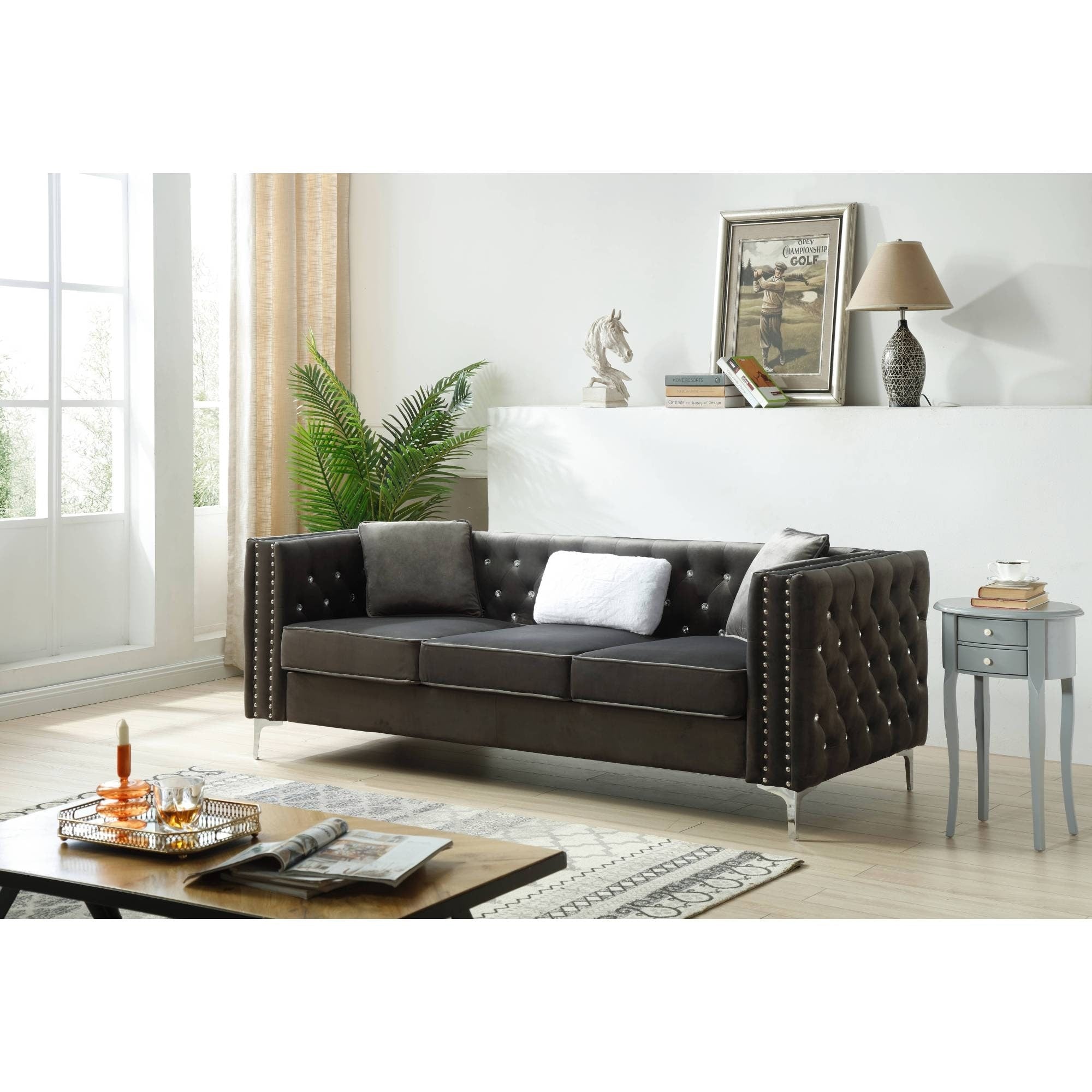 Roomfitters Paige Velvet Sofa With Jeweled Tufting Luxury 3 Seater Micro Suede Couch Modern Glam Seating With Chrome Legs