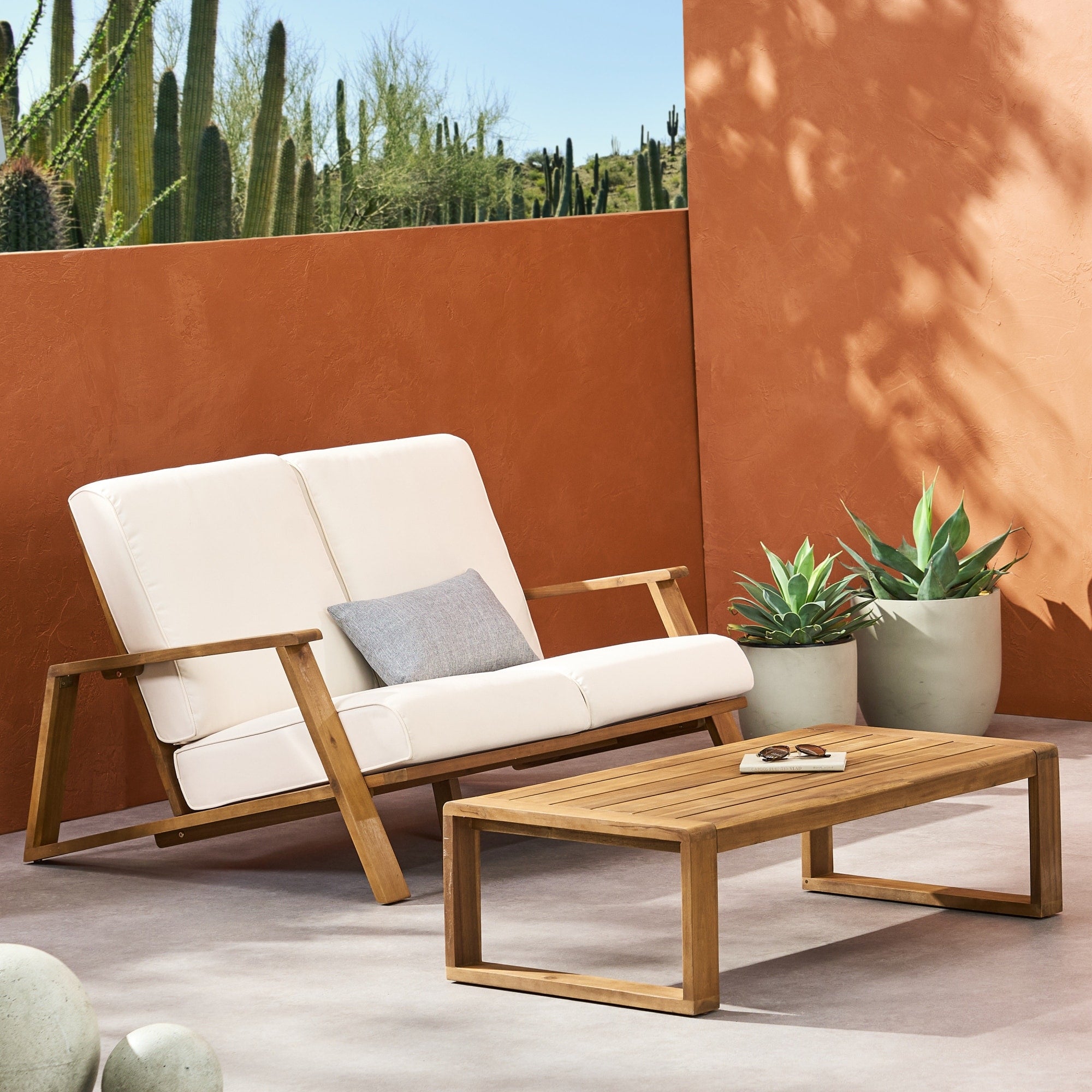 Roomfitters Paloma Acacia Wood Patio Set Loveseat And Coffee Table Adirondack Inspired Garden Seating Weatherproof