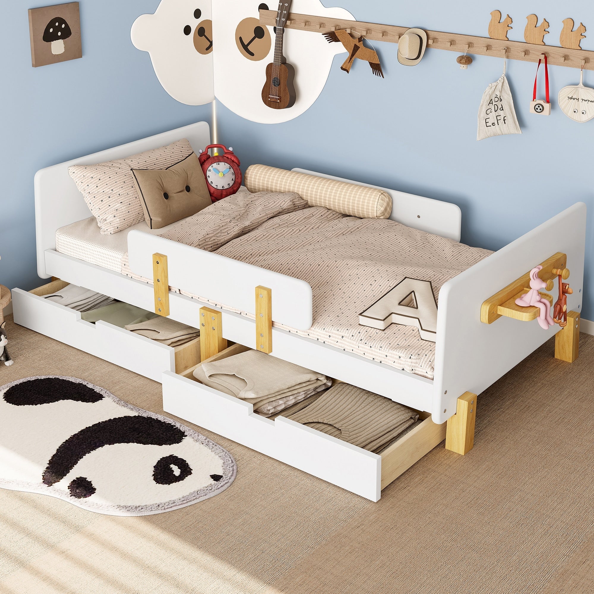 Roomfitters Platform Bed With Storage Drawers And Shelf Solid Wood Frame With Hooks And Guardrails