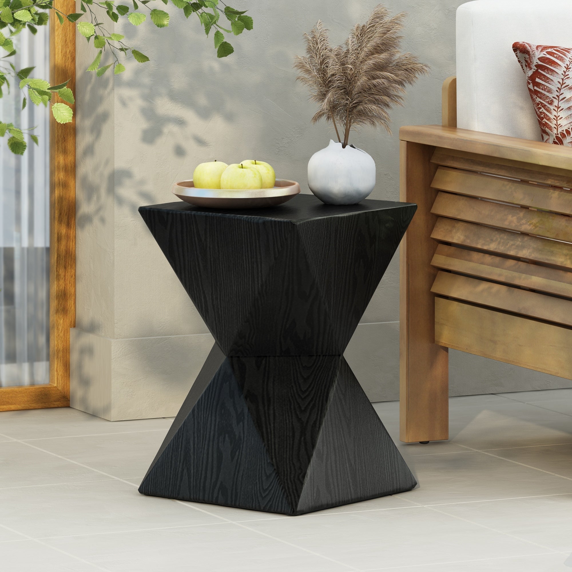 Roomfitters Prismatic Symmetry Wood Grain Outdoor Side Table Hourglass Concrete Accent Table Modern Patio End