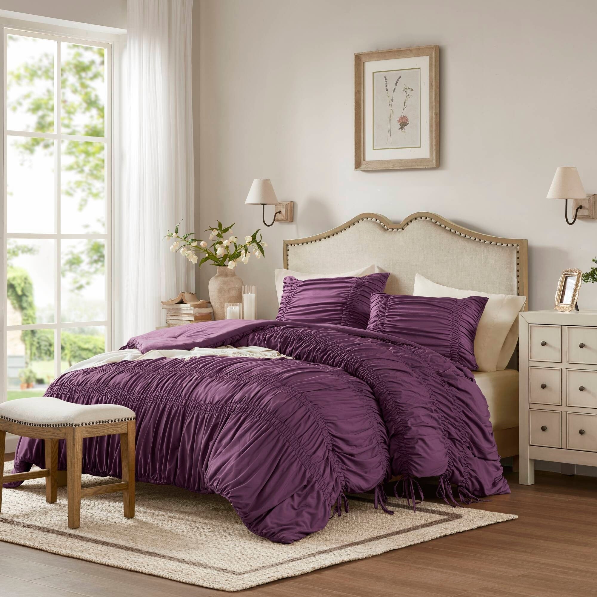 Roomfitters Purple King 3 Piece Ruched Comforter Set French Country Bedding Soft Shabby Chic All Season Complete Set