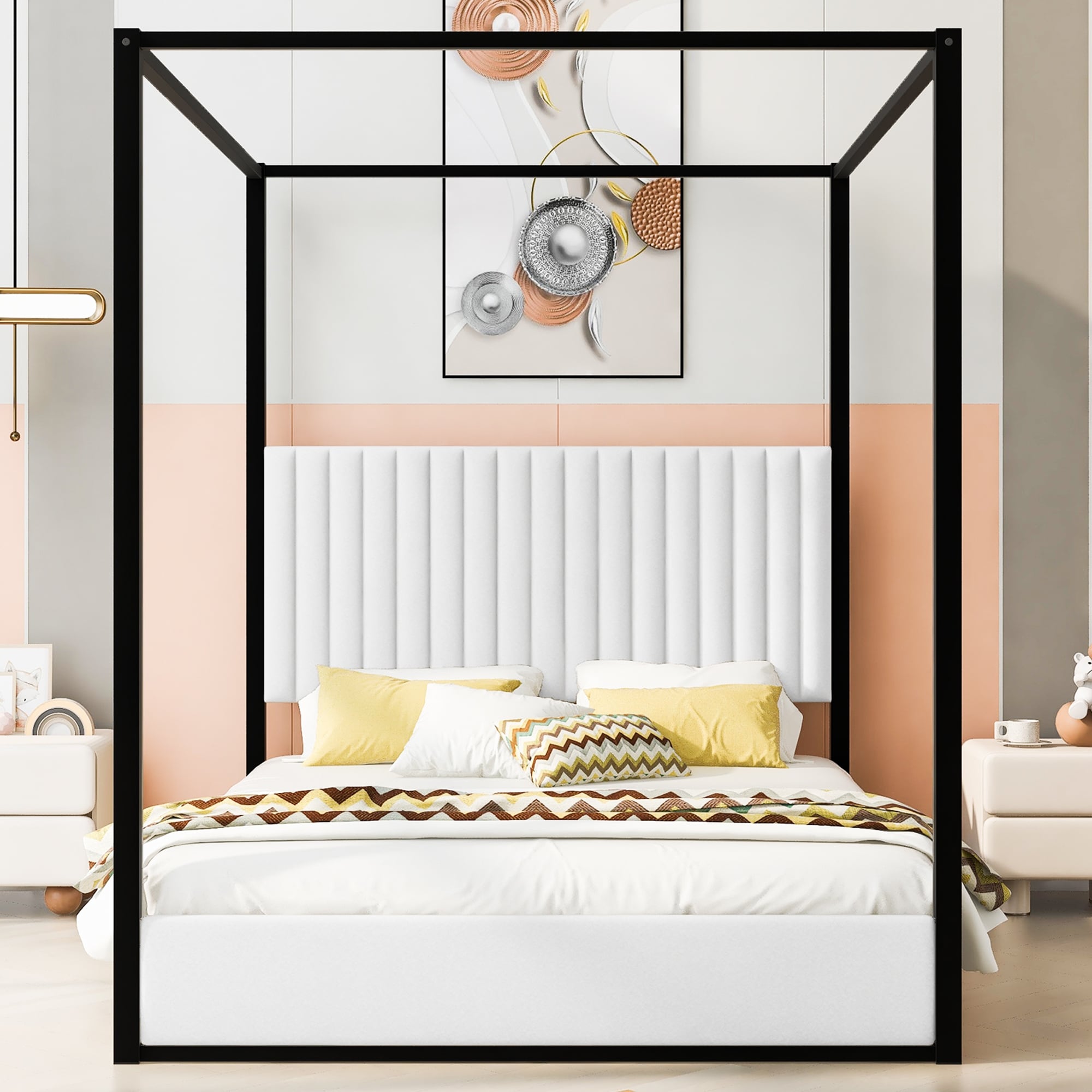Roomfitters Queen Canopy Platform Bed With Velvet Upholstered Headboard Metal Frame White