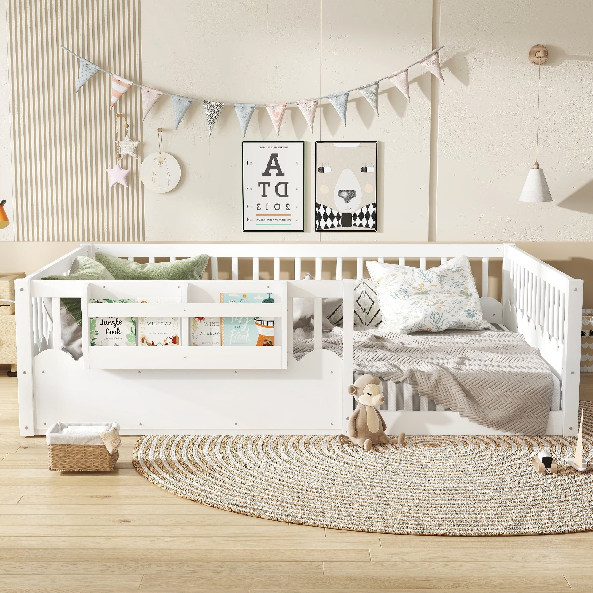 Roomfitters Queen Floor Bed With Bookshelf And Heightened Fence Solid Wood Frame With Guardrails