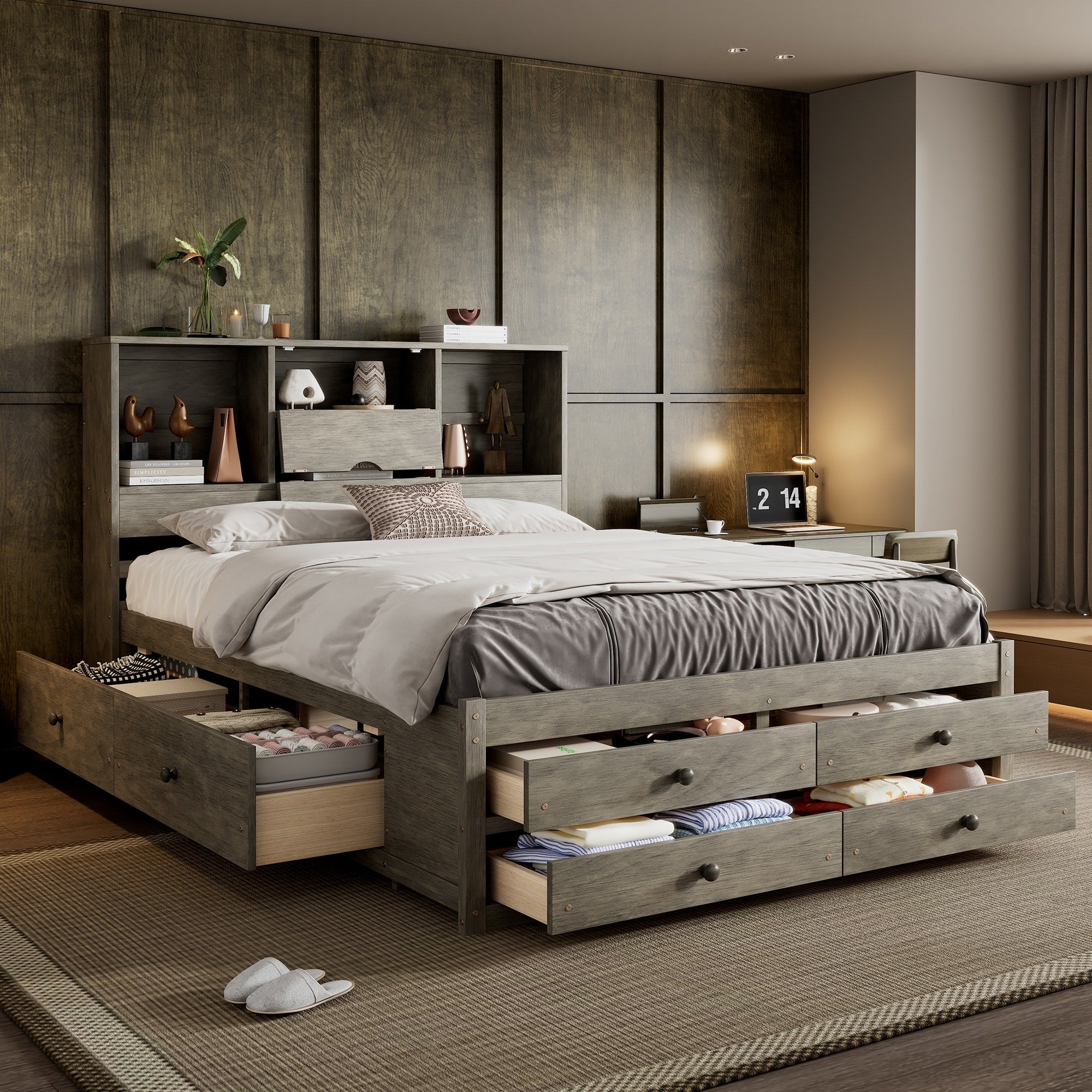 Roomfitters Queen King Platform Bed With Storage Headboard And 8 Drawers Solid Wood