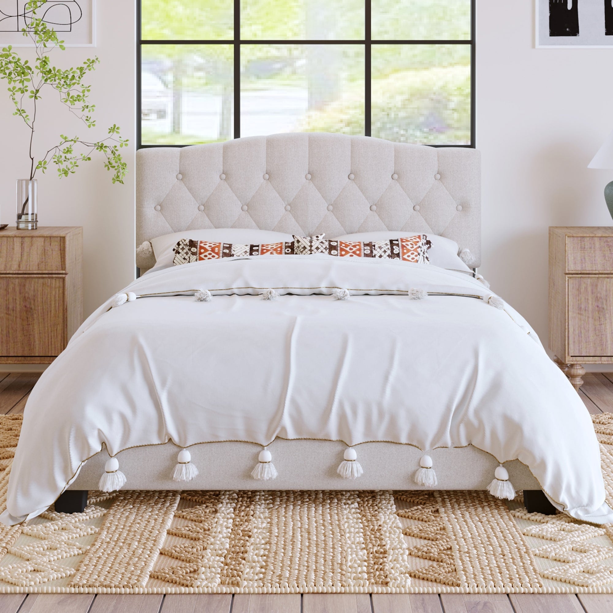 Roomfitters Queen King Size Elegant Tufted Upholstered Platform Bed Frame Diamond Button Headboard No Box Spring Needed Beige