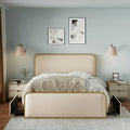 Roomfitters Queen King Size Upholstered Platform Bed Frame With Gold Metal Trim Padded Curved Headboard Footboard Beige Gold