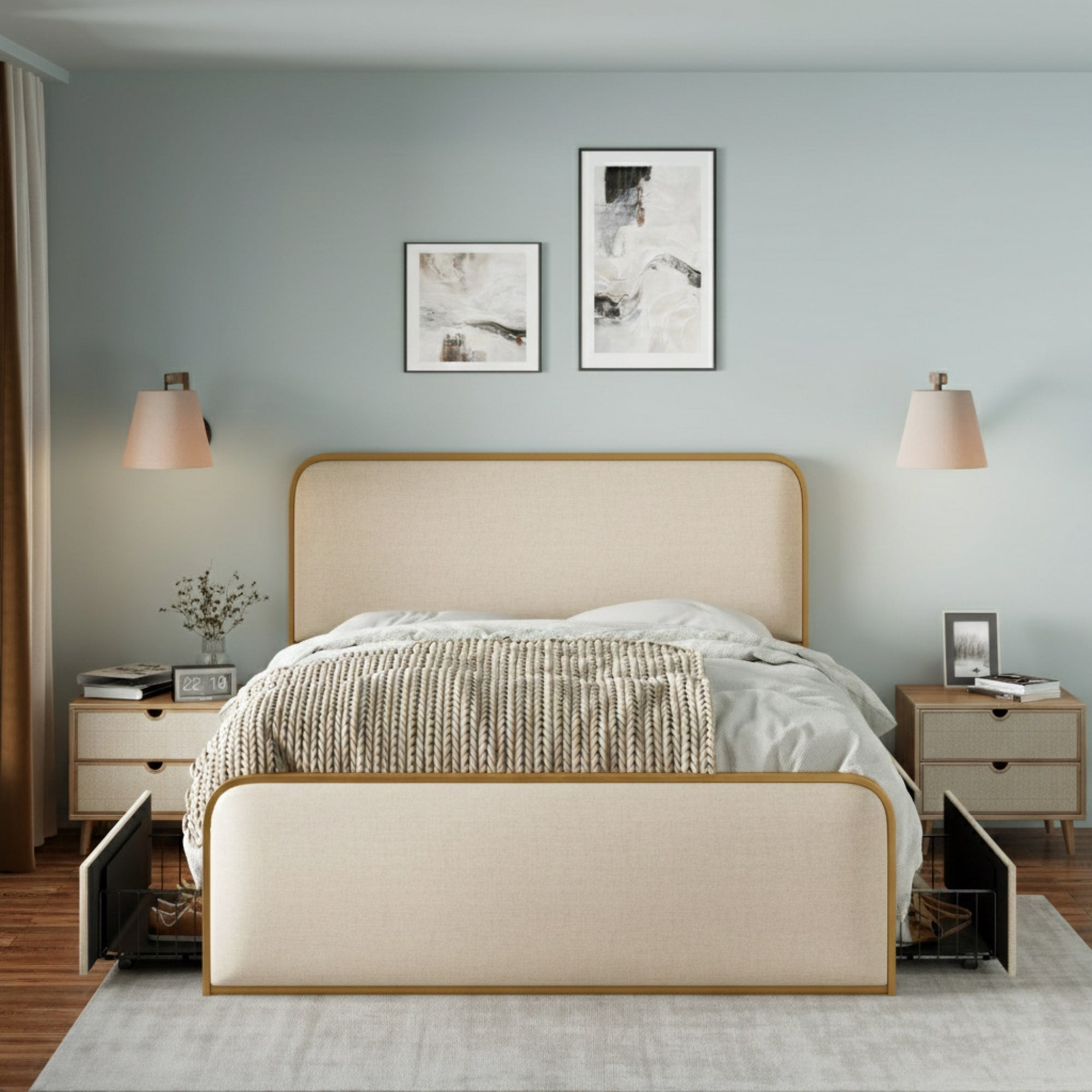 Roomfitters Queen King Size Upholstered Platform Bed Frame With Gold Metal Trim Padded Curved Headboard Footboard Beige Gold