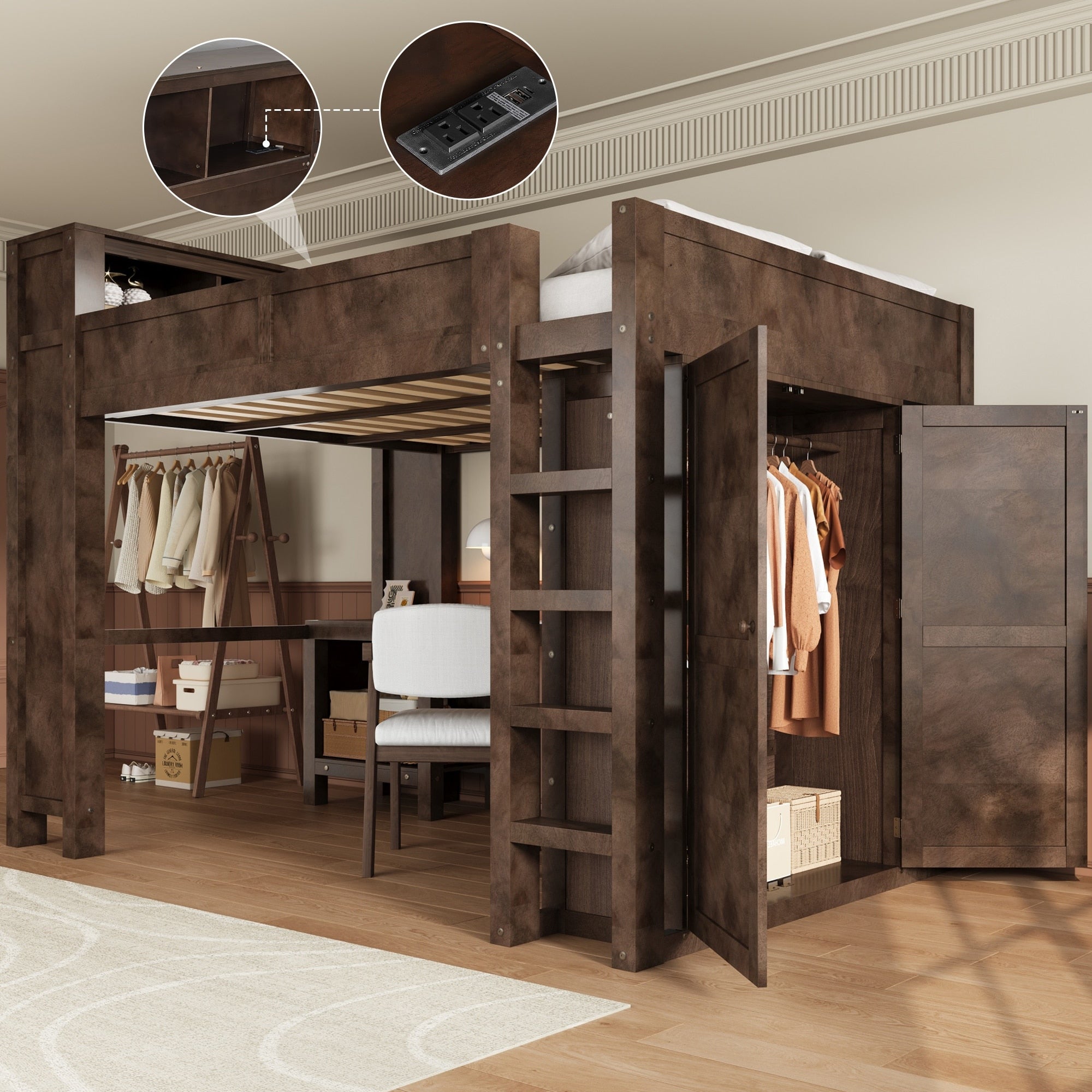 Roomfitters Queen Loft Bed With Wardrobe Desk Storage Headboard And Usb