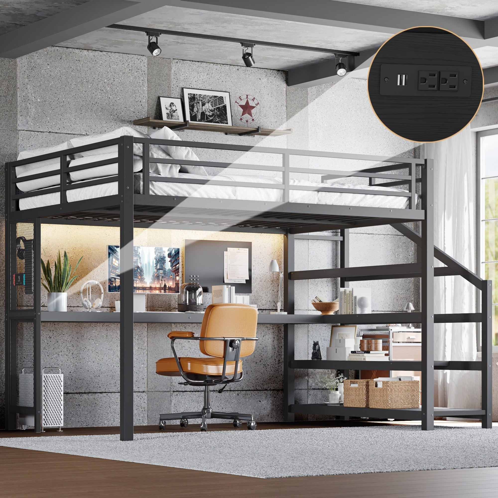 Roomfitters Queen Metal Loft Bed With Desk And Storage Stairs Led Lights And Usb Black