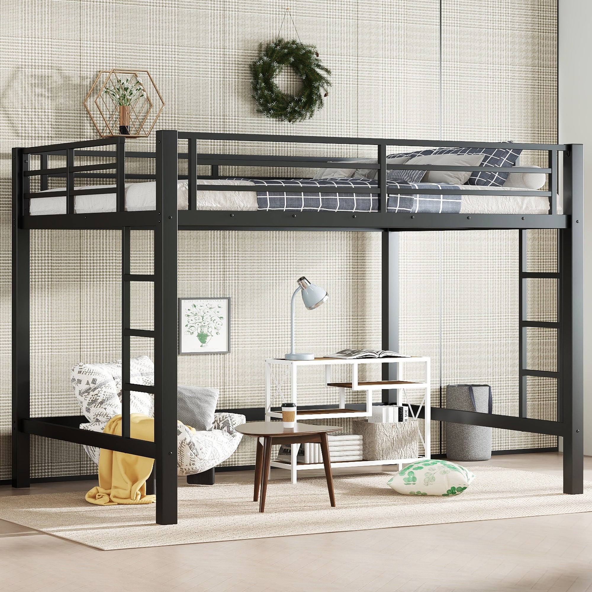 Roomfitters Queen Metal Loft Bed With Dual Ladders High Sleeper Frame With Under Bed Space Black
