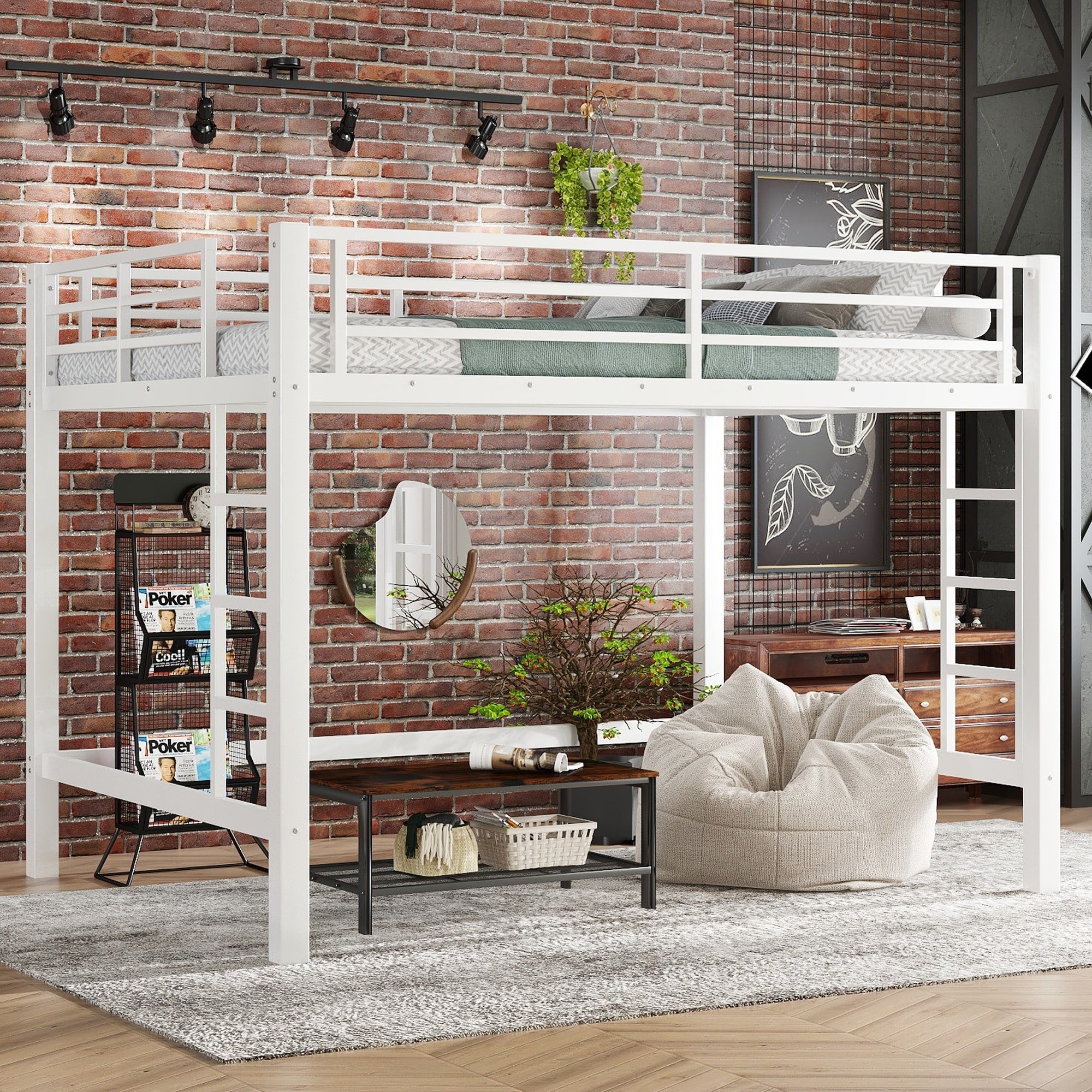 Roomfitters Queen Metal Loft Bed Dual Ladders Full Enclosure Guardrails White High Loft Bed Frame Under Bed Storage Zone