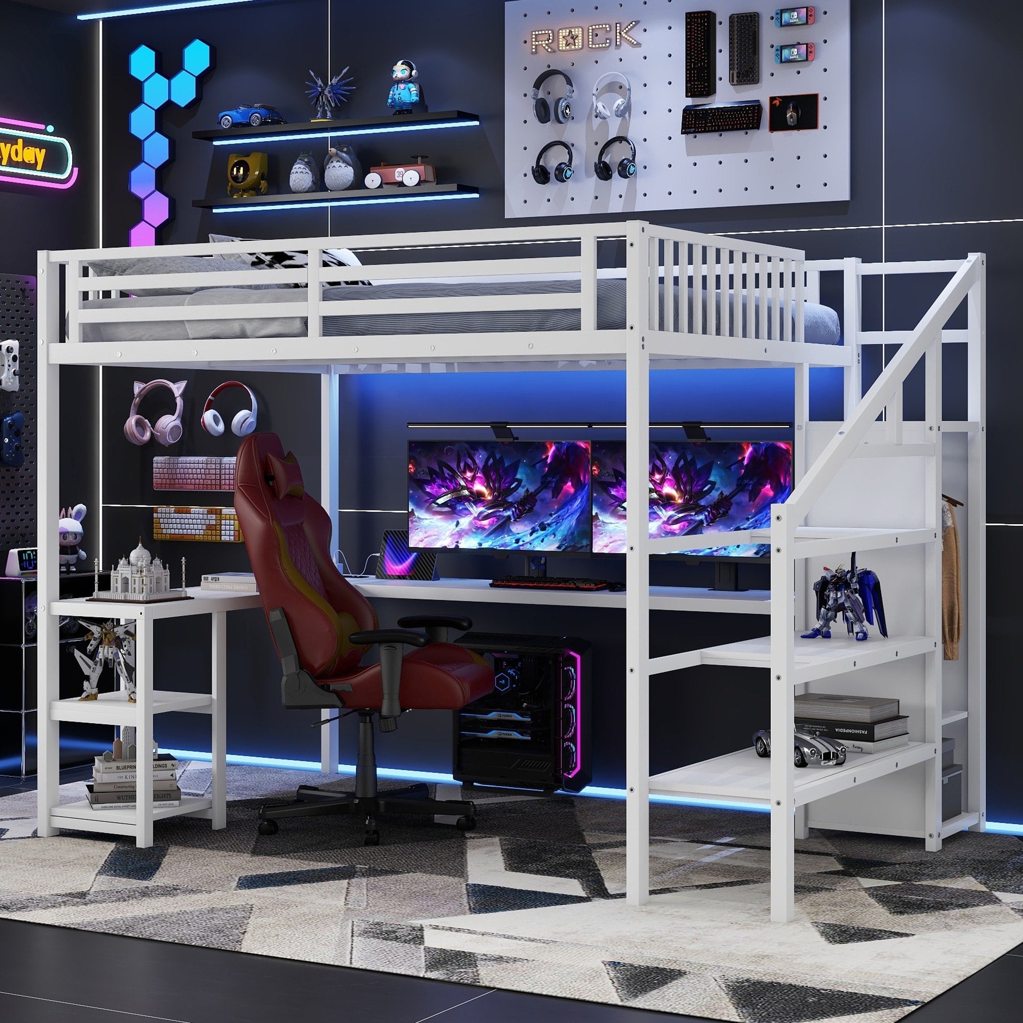 Roomfitters Queen Metal Loft Platform Bed L Shaped Desk And Led Wardrobe With Metal Frame For Bedroom Or Guest Room White