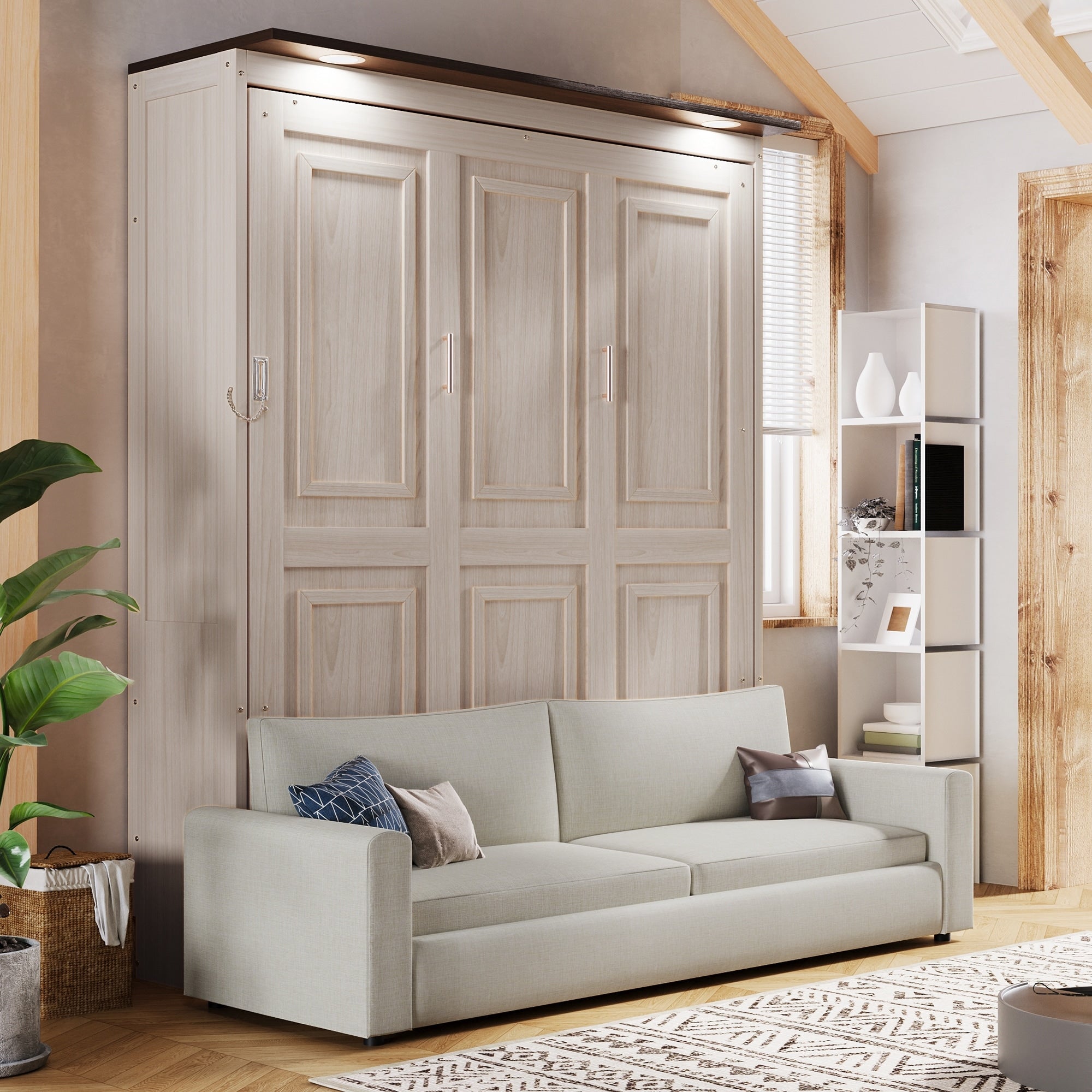 Roomfitters Queen Murphy Bed With Foldable Sofa And Led Lights Space Saving Beige