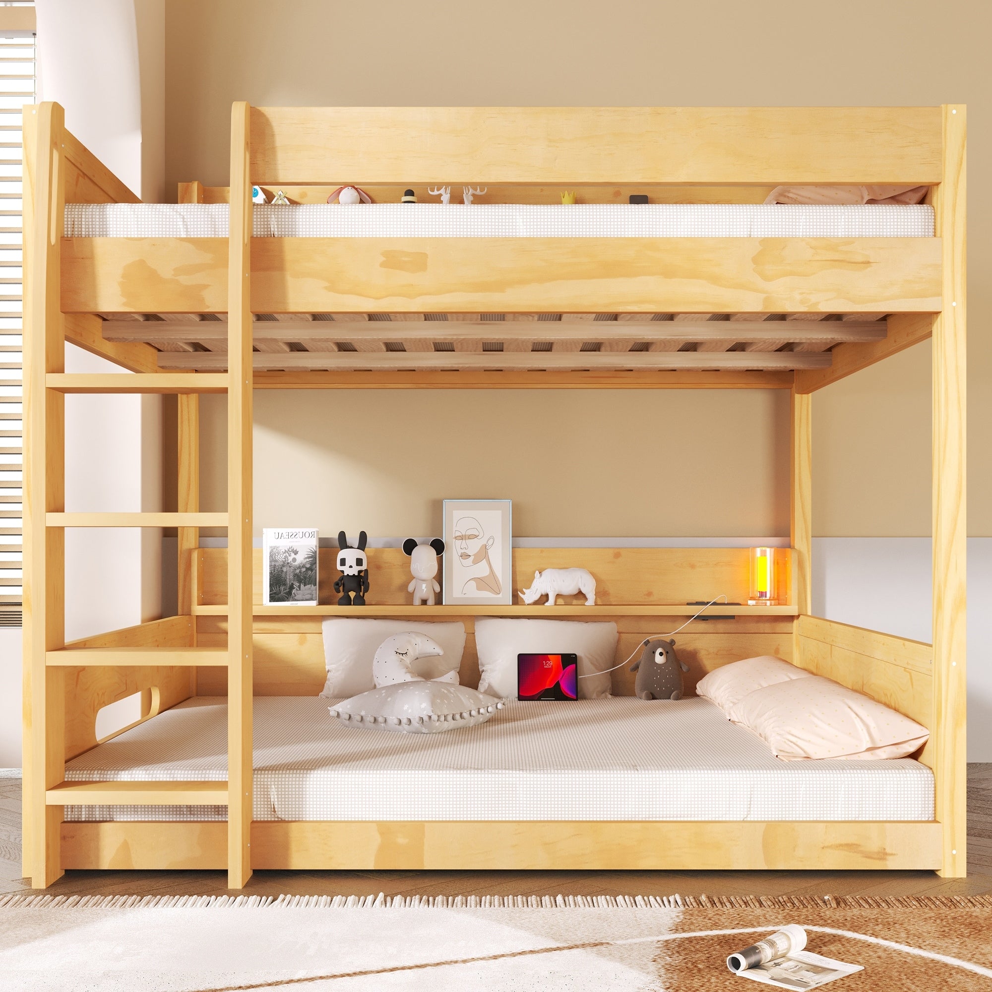 Roomfitters Queen Over Queen Bunk Bed With Storage Shelves And Usb Ports