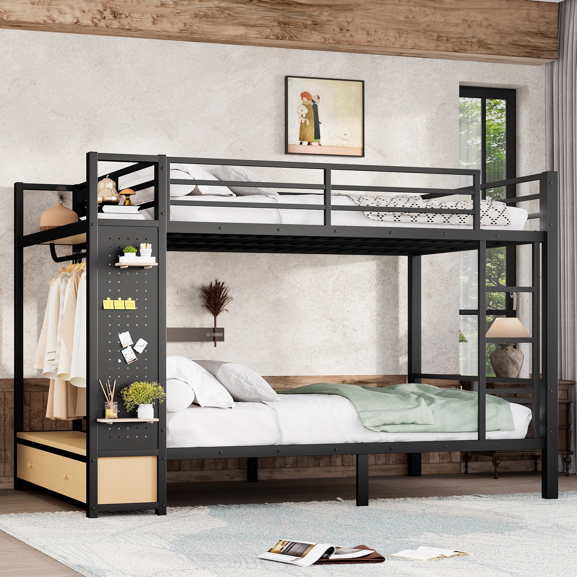 Roomfitters Queen Over Queen Metal Bunk Bed Wardrobe Storage Units Pegboard Black Heavy Duty Triple Function Bed Frame Set