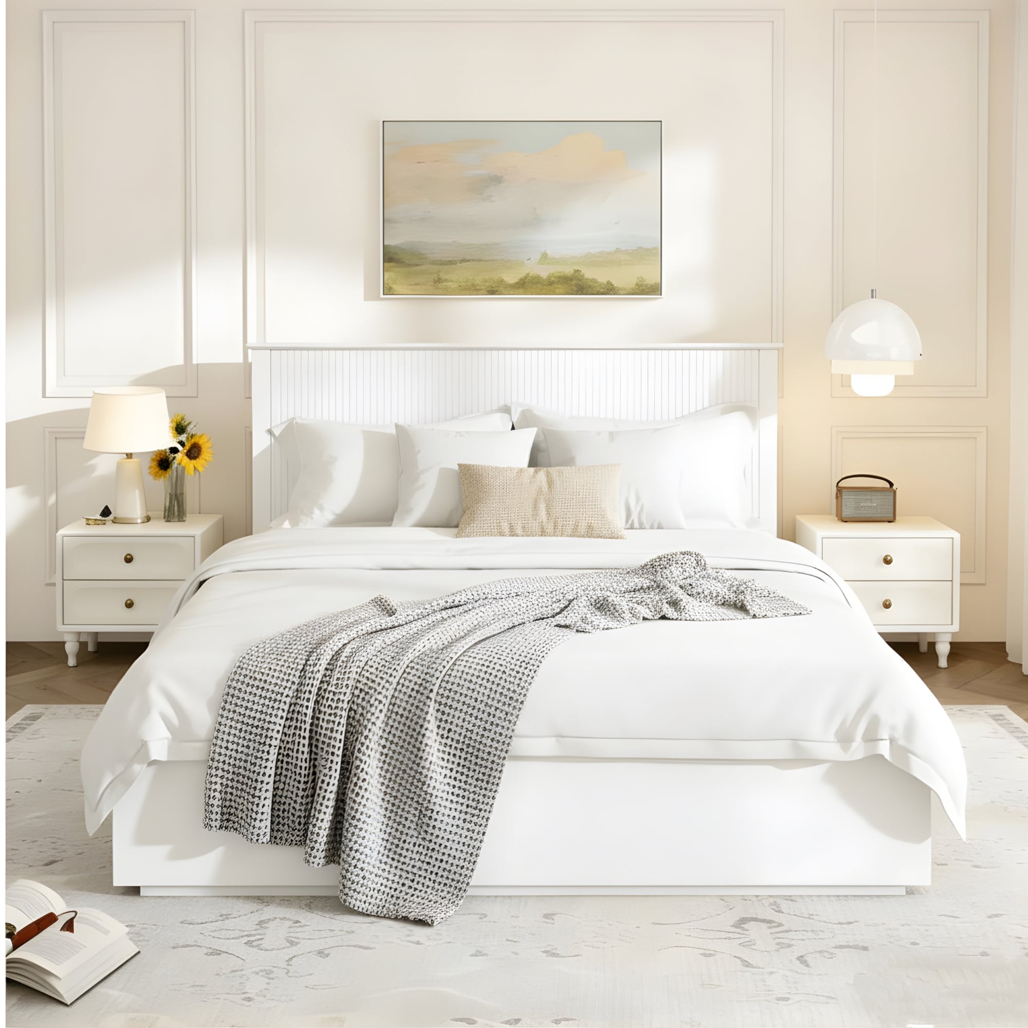 Roomfitters Queen Platform Bed Frame With Fluted Headboard Modern Minimalist Mattress Foundation No Box Spring Needed White