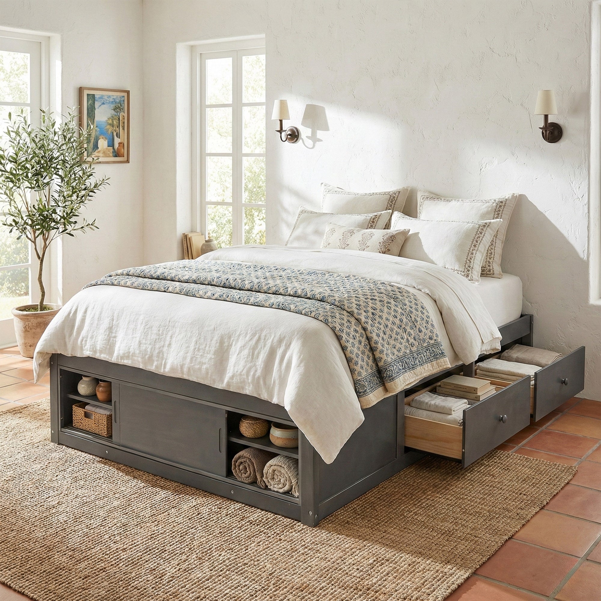 Roomfitters Queen Platform Bed 4 Storage Units Footboard Cubby Space Saving Antique Wood Low Profile Bed Base