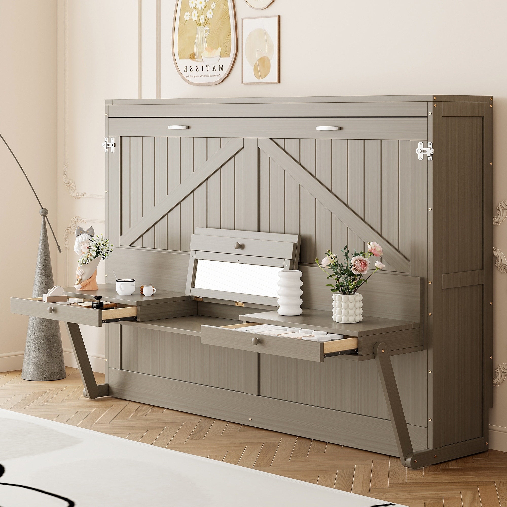 Roomfitters Queen Side Folding Murphy Bed Vanity Desk Mirror Distressed Wall Bed With 2 Storage Units Lift System