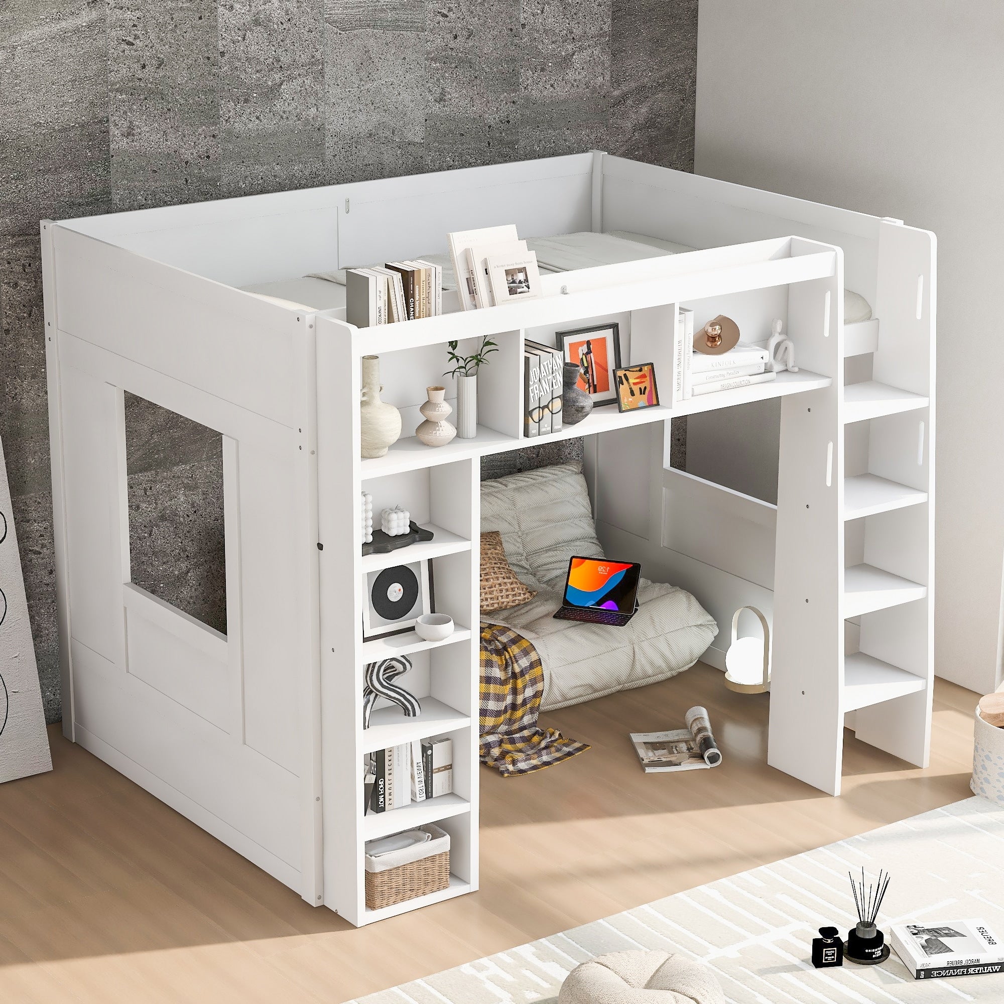 Roomfitters Queen Size Loft Bed With Storage Cabinets And Bookshelves