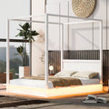 Roomfitters Queen Size Metal Canopy Bed Frame With Built In Led Lights Upholstered Headboard Four Poster Platform Bed White