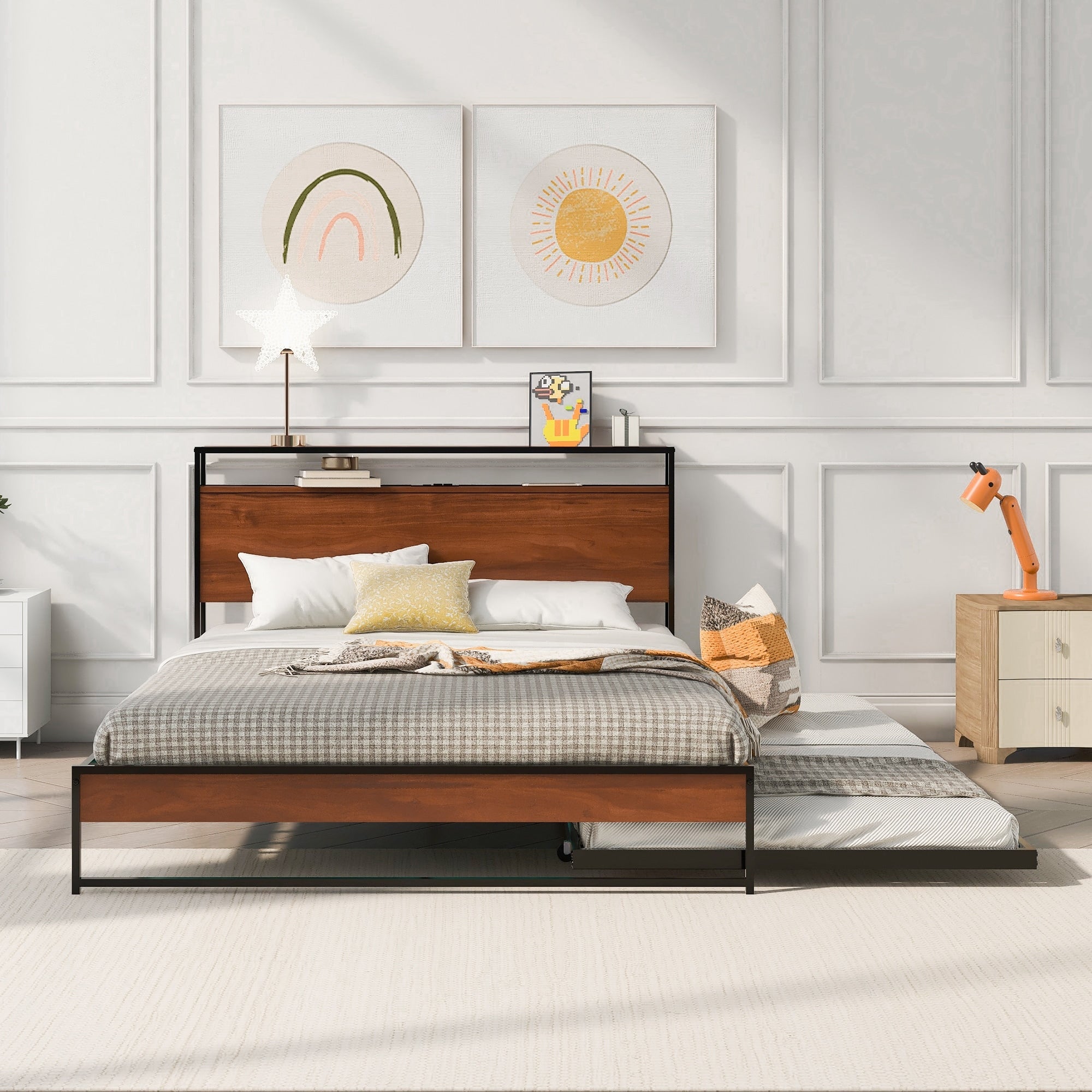 Roomfitters Queen Size Metal Platform Bed Frame With Trundle And Bookcase Headboard Storage Shelf Charging Station