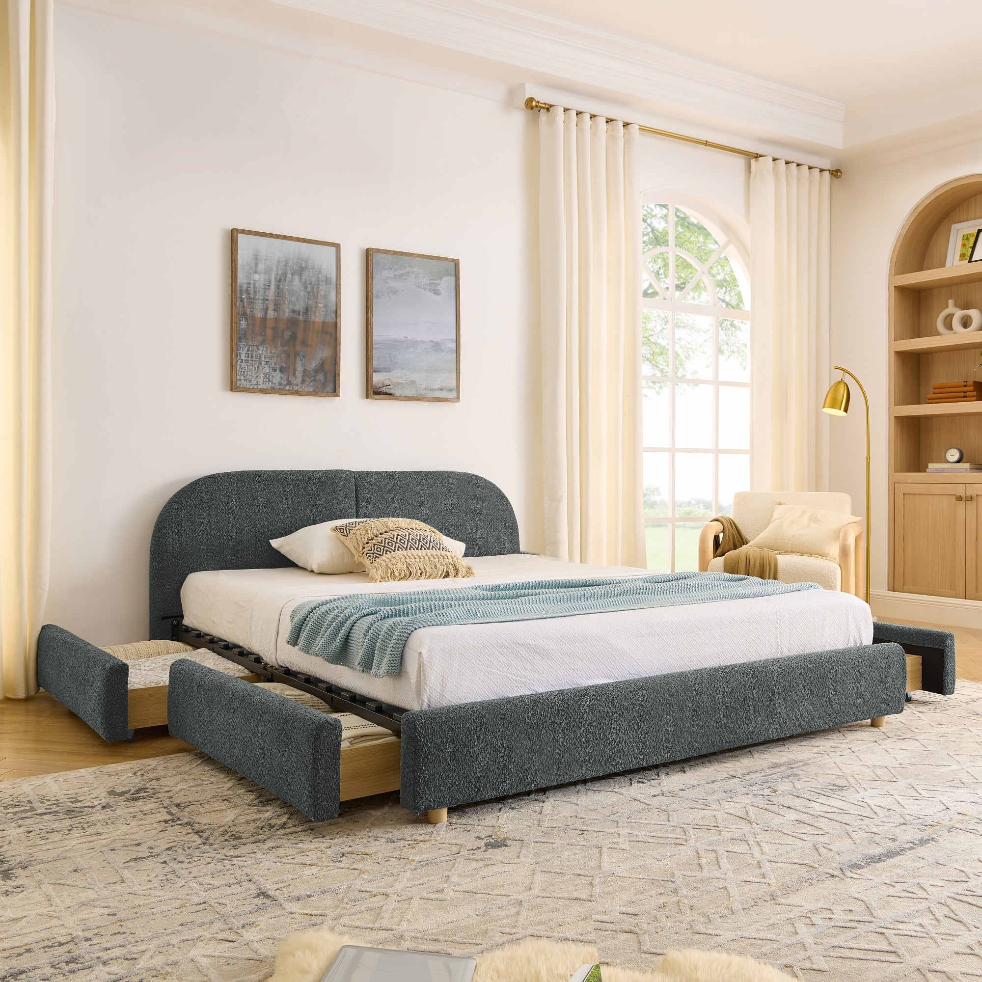 Roomfitters Queen Size Modern Upholstered Bed Frame With 4 Storage Drawers And Curved Headboard Sturdy Platform Bed Base