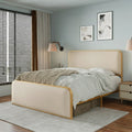 Roomfitters Queen Size Modern Upholstered Platform Bed Frame With Gold Metal Trim Curved Headboard No Box Spring Beige Gold