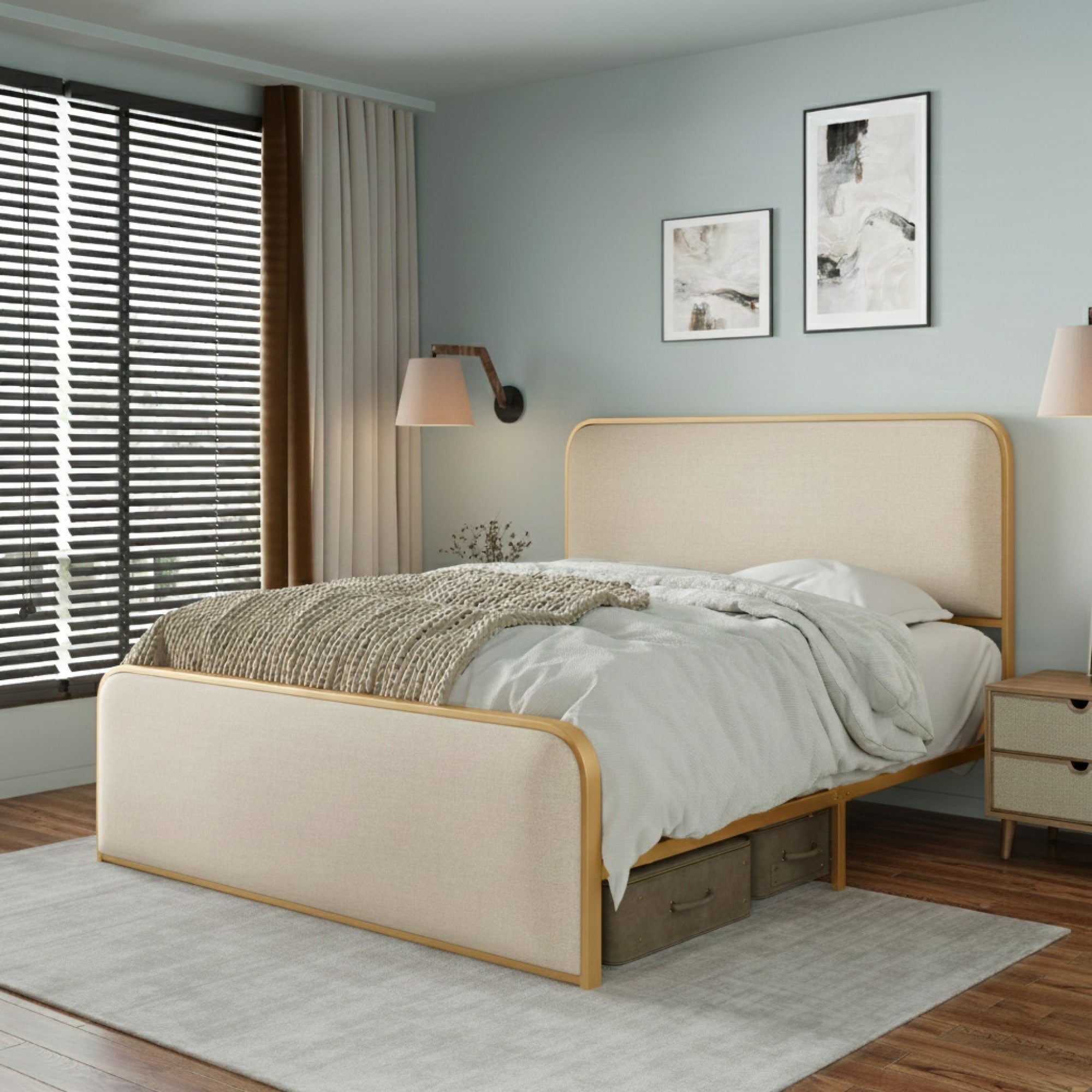 Roomfitters Queen Size Modern Upholstered Platform Bed Frame With Gold Metal Trim Curved Headboard No Box Spring Beige Gold