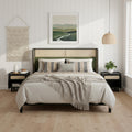 Roomfitters Queen Size Rattan Cane Upholstered Platform Bed Frame Mid Century Modern Boho Mattress Foundation Black Green