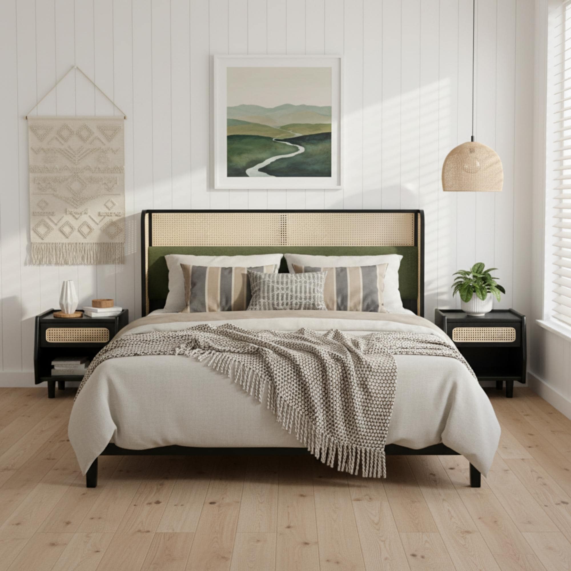 Roomfitters Queen Size Rattan Cane Upholstered Platform Bed Frame Mid Century Modern Boho Mattress Foundation Black Green