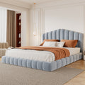 Roomfitters Queen Size Shell Shaped Velvet Upholstered Platform Bed Channel Tufted Headboard No Box Spring Needed Light Blue
