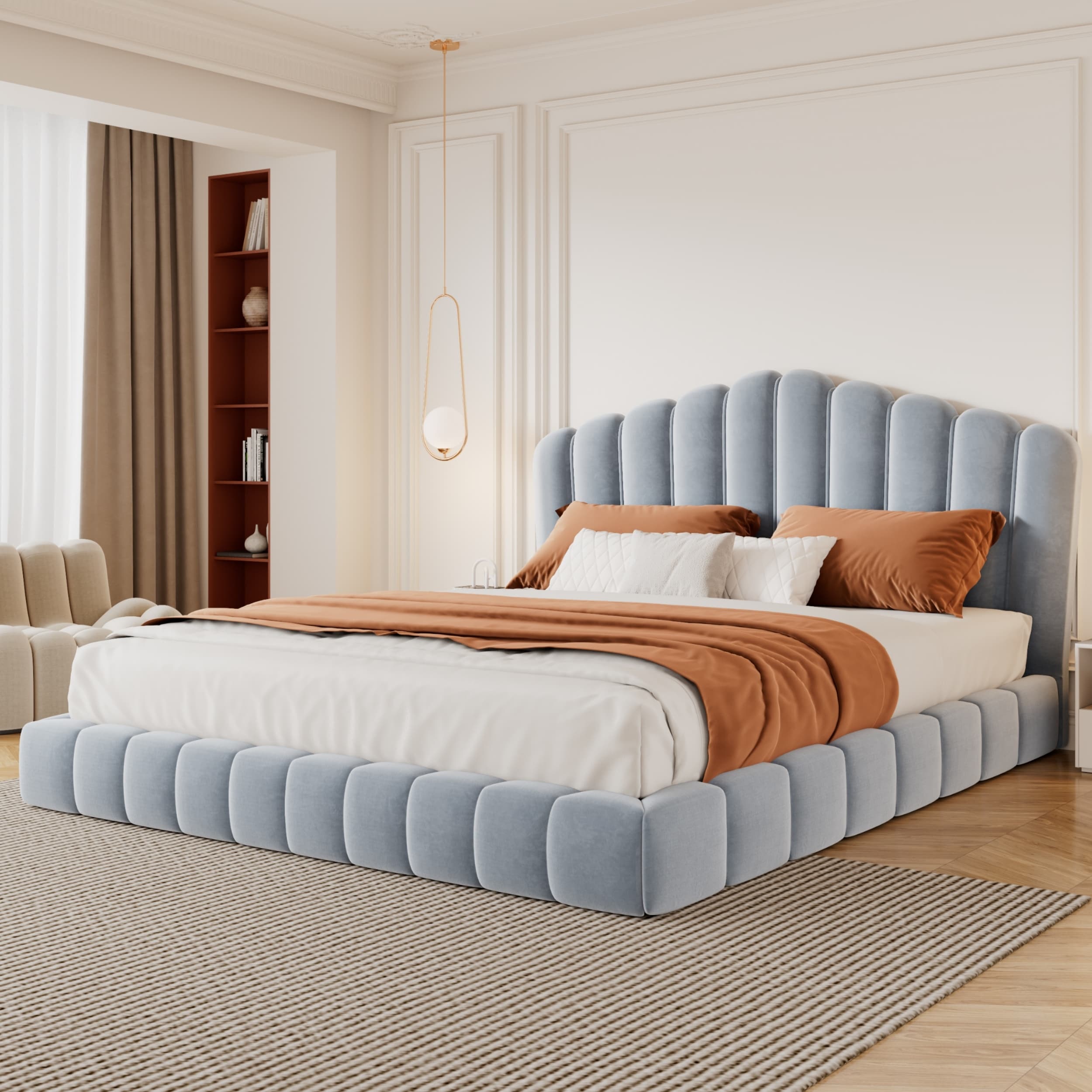 Roomfitters Queen Size Shell Shaped Velvet Upholstered Platform Bed Channel Tufted Headboard No Box Spring Needed Light Blue