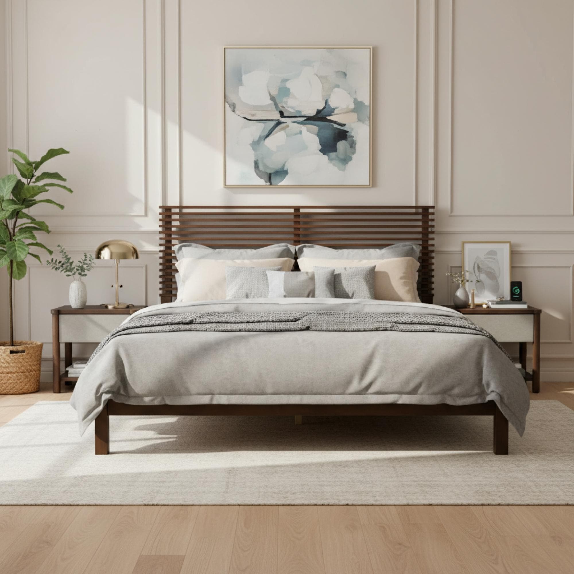 Roomfitters Queen Size Solid Wood Platform Bed Frame Slatted Headboard Mid Century Modern Japandi Mattress Foundation Walnut
