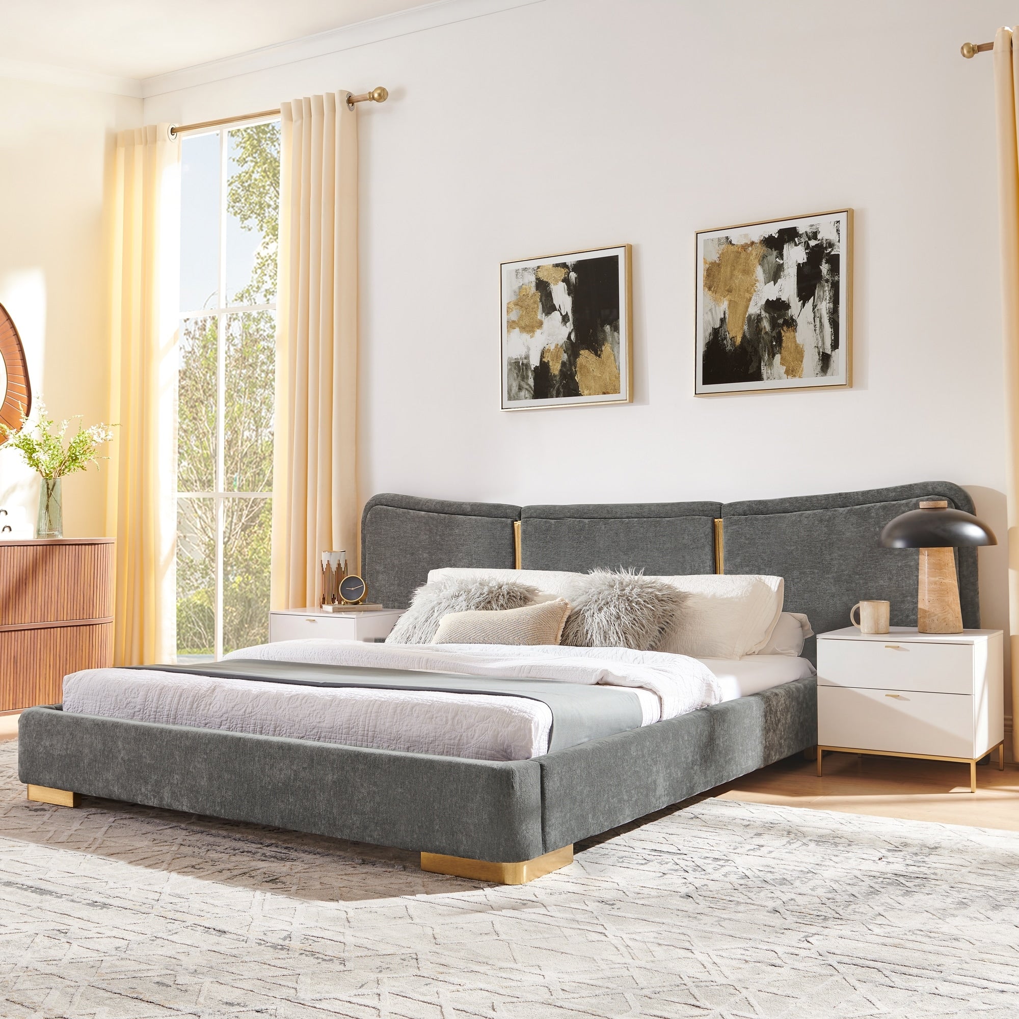 Roomfitters Queen Size Upholstered Bed Frame With Extended Curved Headboard Gold Metal Legs Modern Platform Bed Base