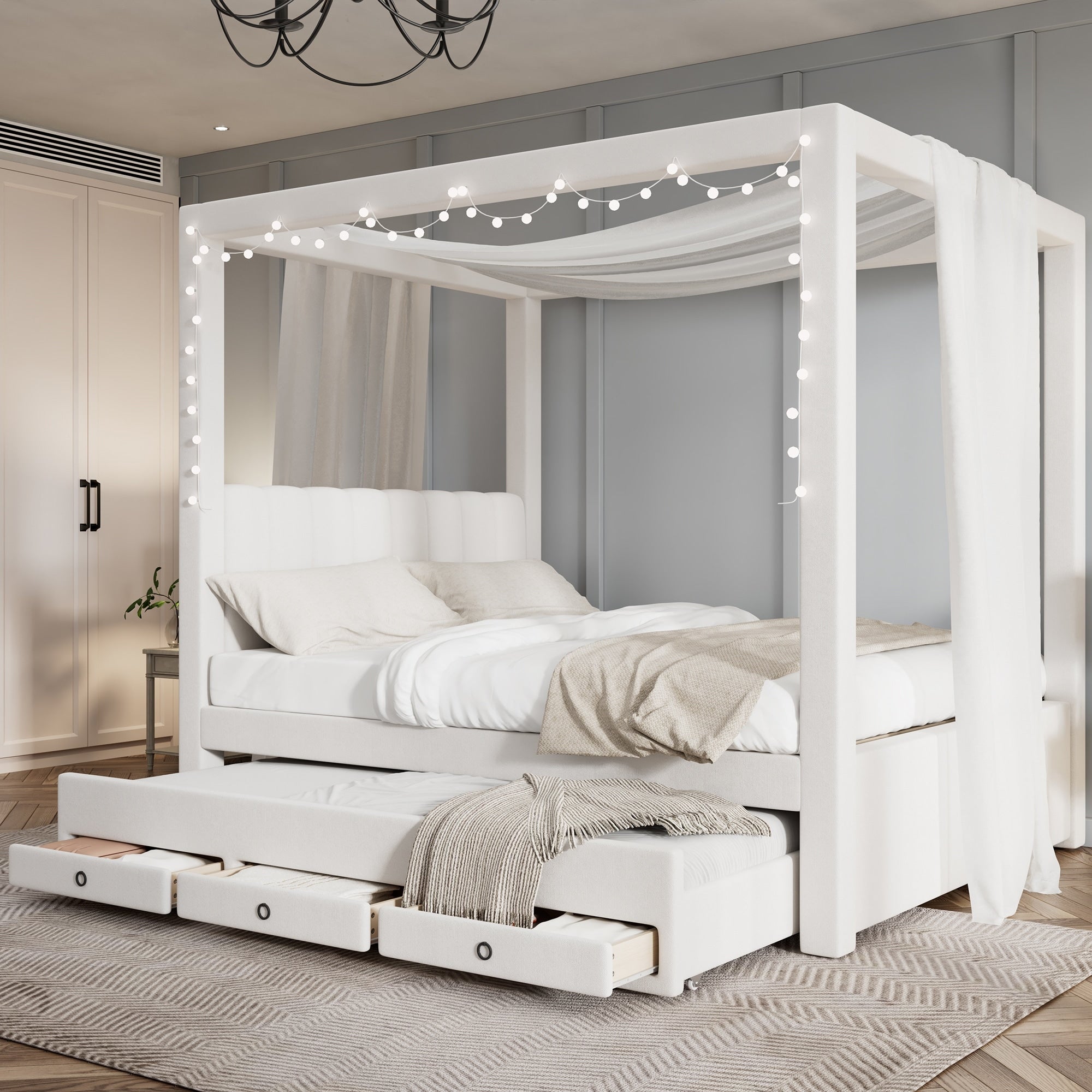 Roomfitters Queen Size Upholstered Canopy Bed Frame With Trundle And 3 Storage Drawers Tufted Poster Sofa Bed Beige