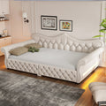 Roomfitters Queen Size Upholstered Daybed Frame With Led Lights Button Tufted Camelback Sofa Bed For Guest Room