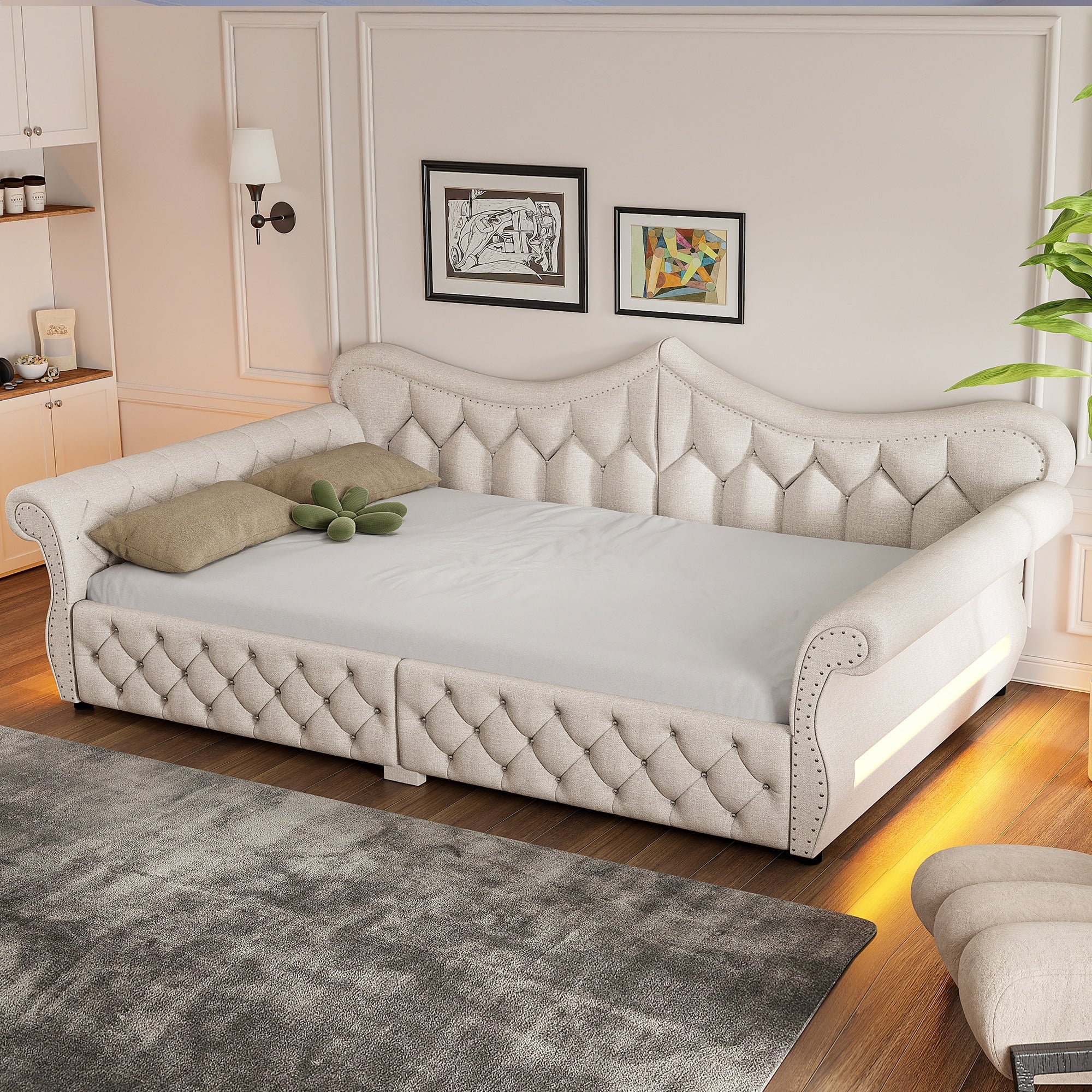 Roomfitters Queen Size Upholstered Daybed Frame With Led Lights Button Tufted Camelback Sofa Bed For Guest Room