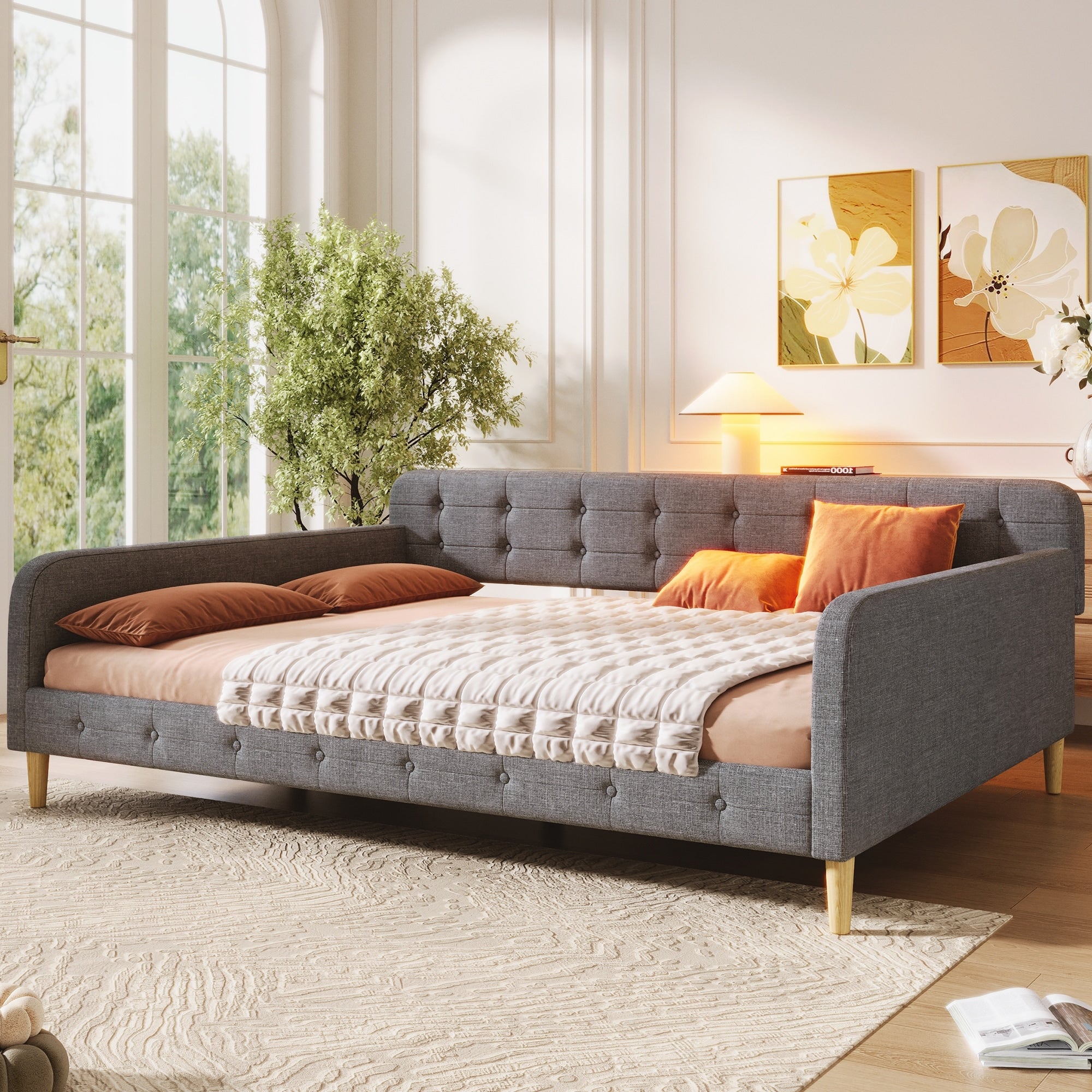 Roomfitters Queen Size Upholstered Daybed Mid Century Modern Sofa Bed Frame With Backrest And Tapered Wood Legs