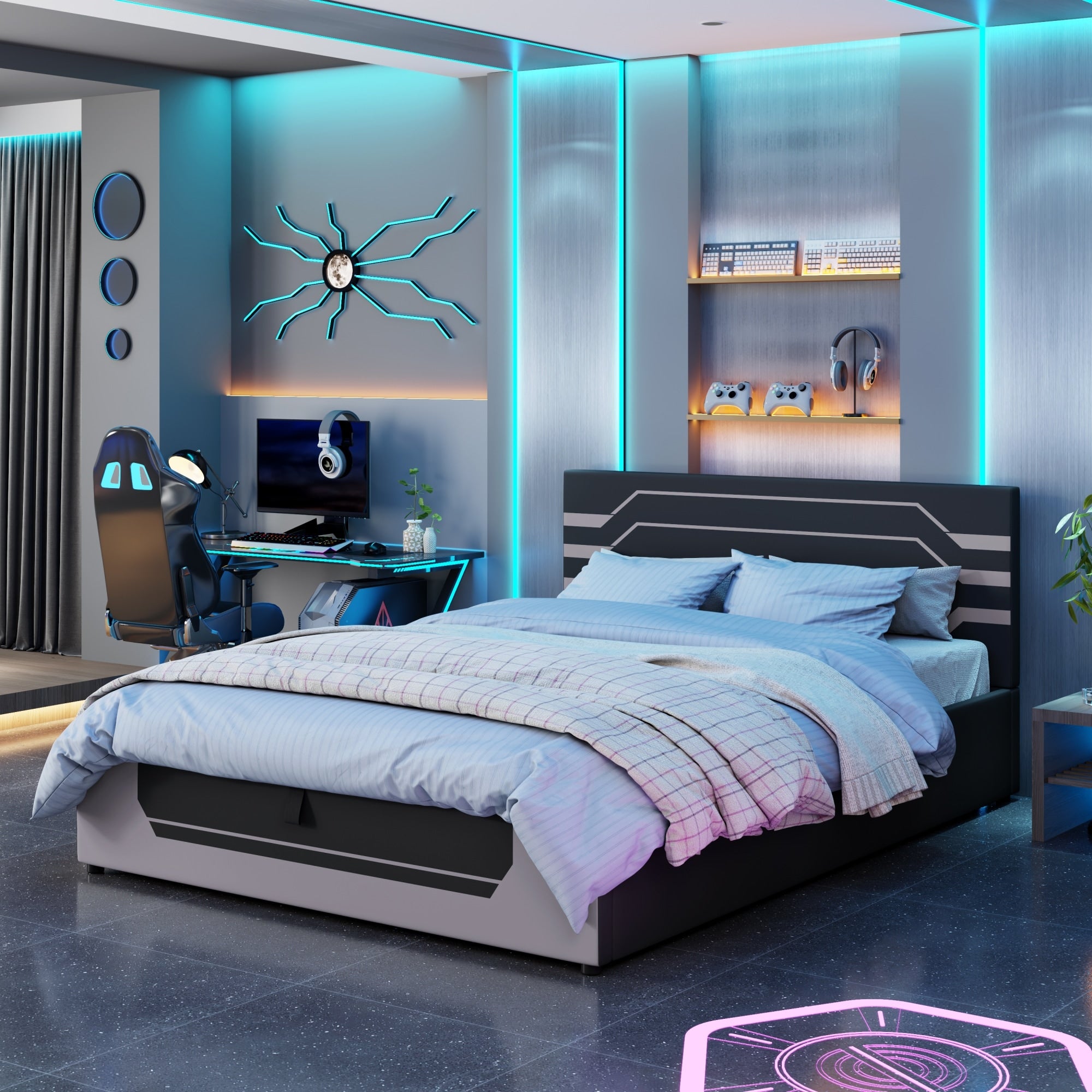 Roomfitters Queen Size Upholstered Gaming Bed Frame With Gas Lift Storage And Futuristic Stripe Headboard