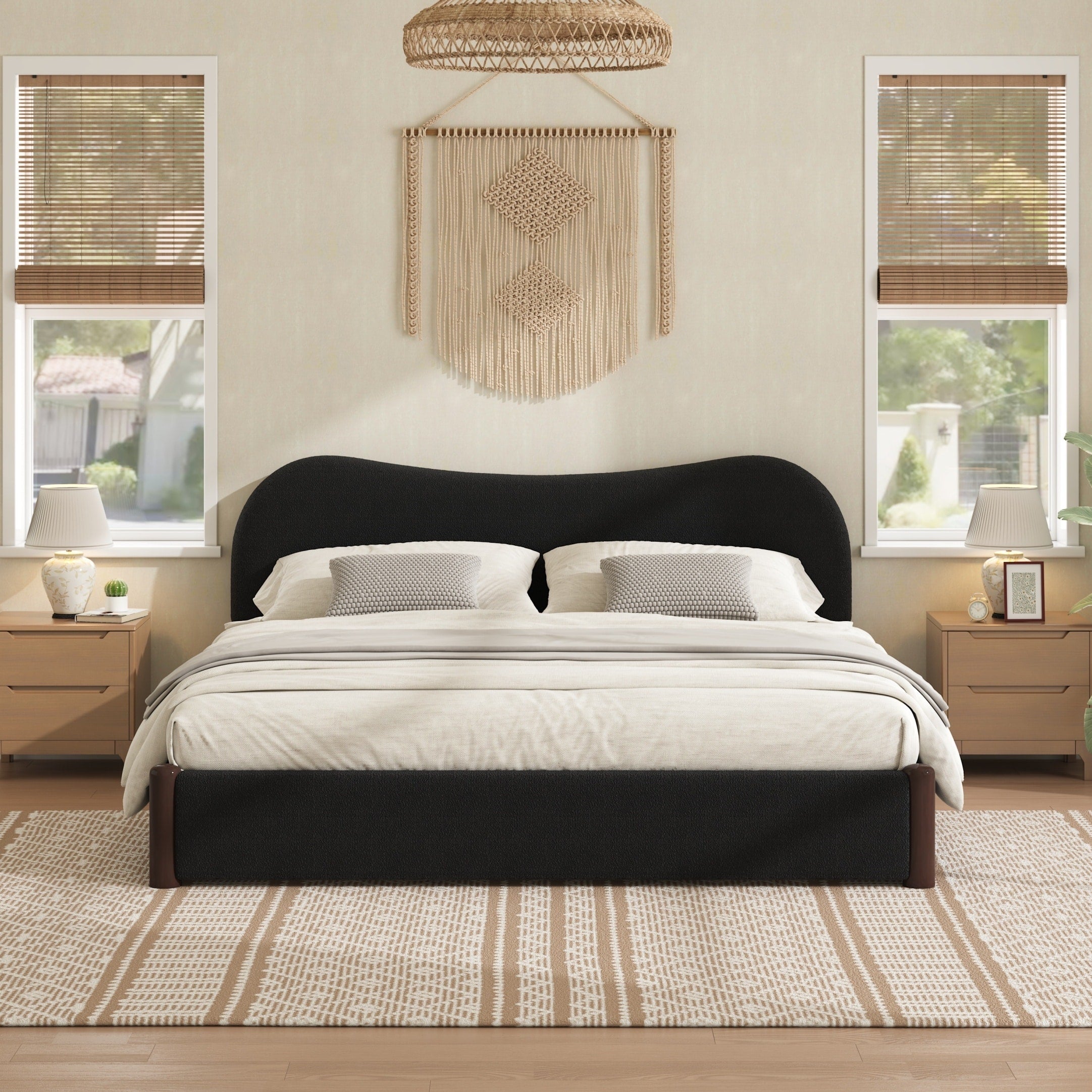 Roomfitters Queen Size Upholstered Platform Bed Frame With Curved Wave Headboard And Wood Legs For Master Bedroom