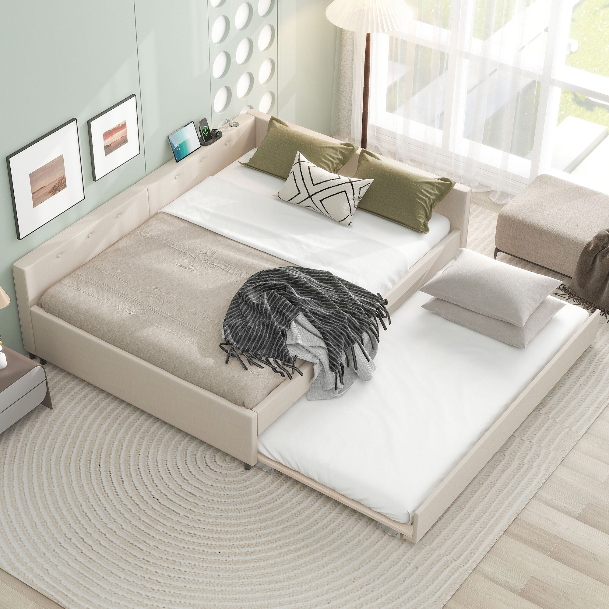 Roomfitters Queen Size Upholstered Platform Bed Frame With Twin Size Pull Out Trundle Channel Tufted Daybed Beige