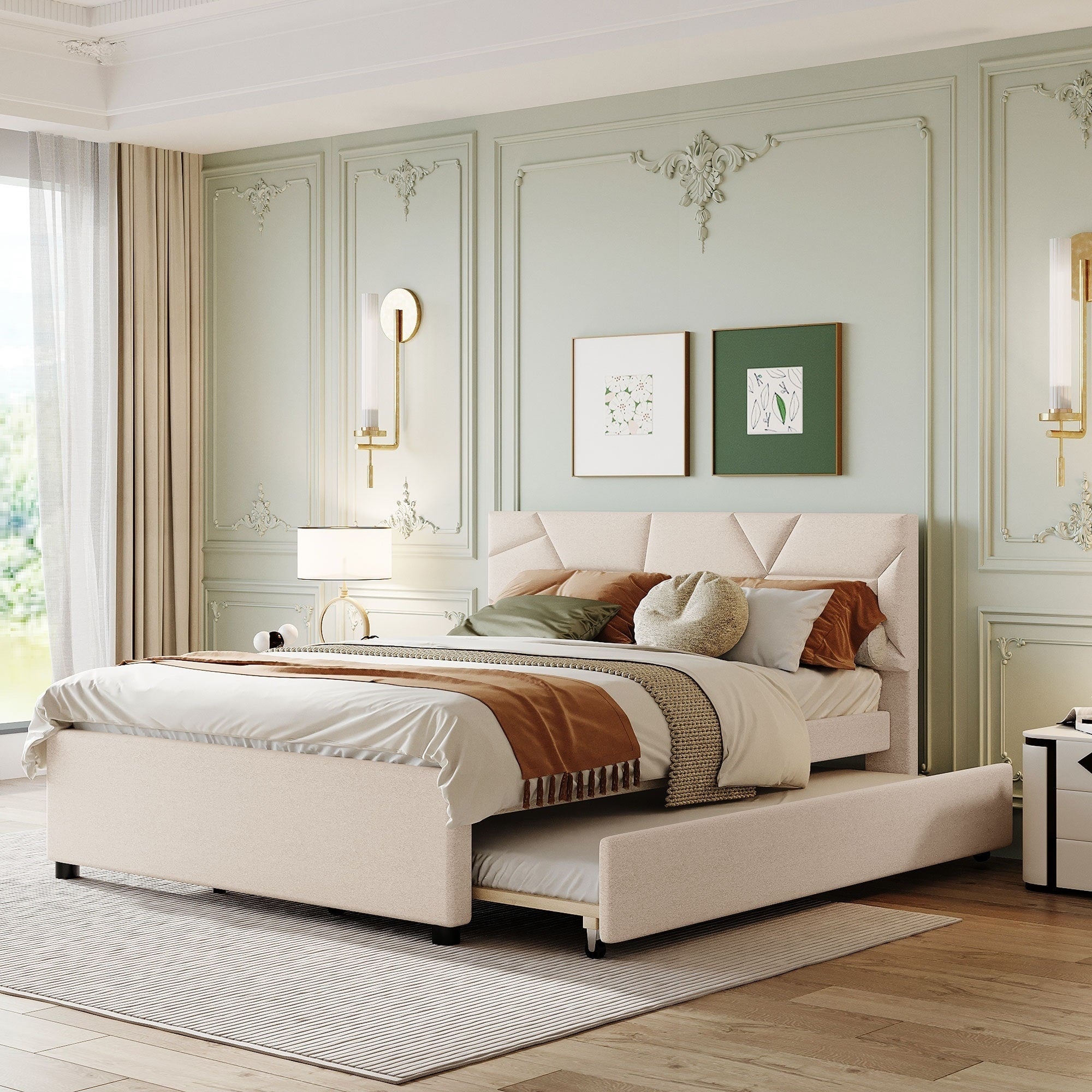 Roomfitters Queen Size Upholstered Platform Bed Frame With Twin Xl Trundle And Geometric Patterned Headboard