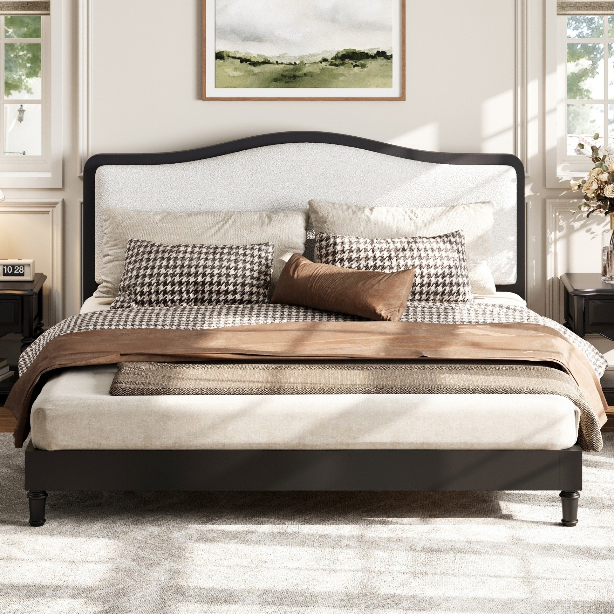 Roomfitters Queen Size Upholstered Platform Bed Frame Curved Camelback Wooden Headboard For Master Bedroom