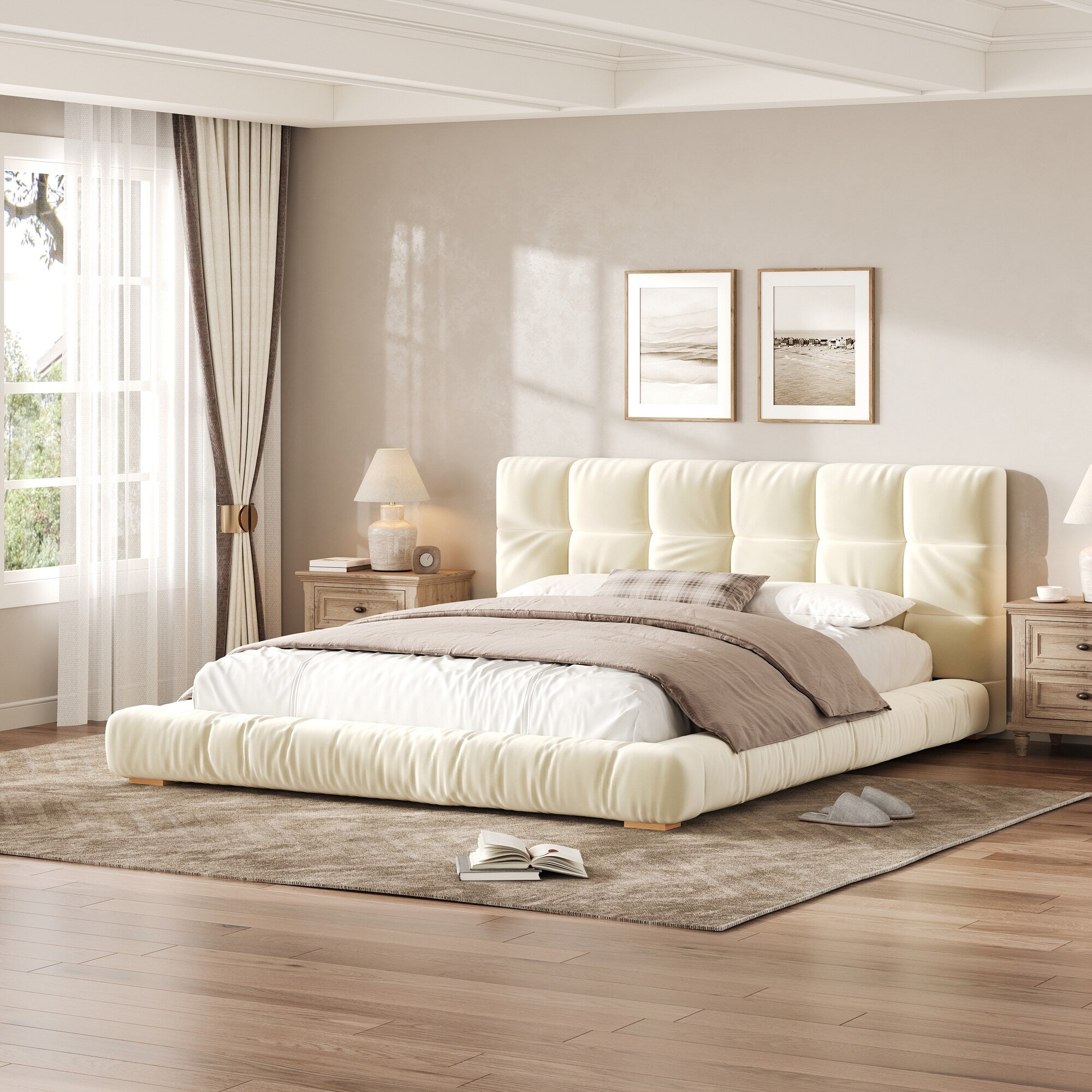 Roomfitters Queen Size Upholstered Platform Bed Frame Modern Bubble Tufted Checked Design Bed For Bedroom