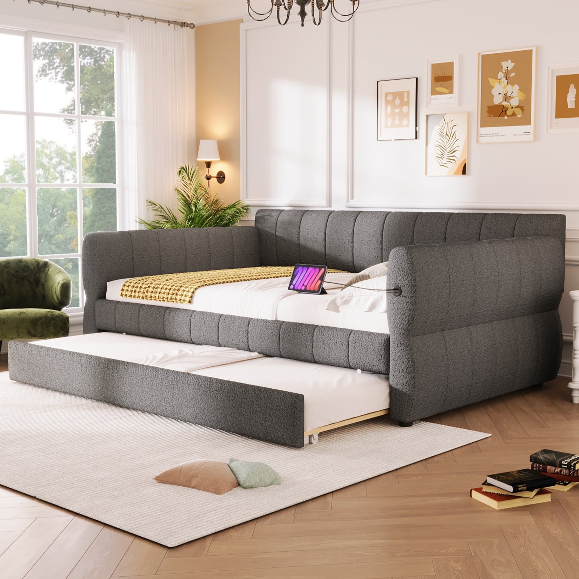 Roomfitters Queen Size Upholstered Platform Bed Frame Modern Geometric Patched Headboard For Master Bedroom