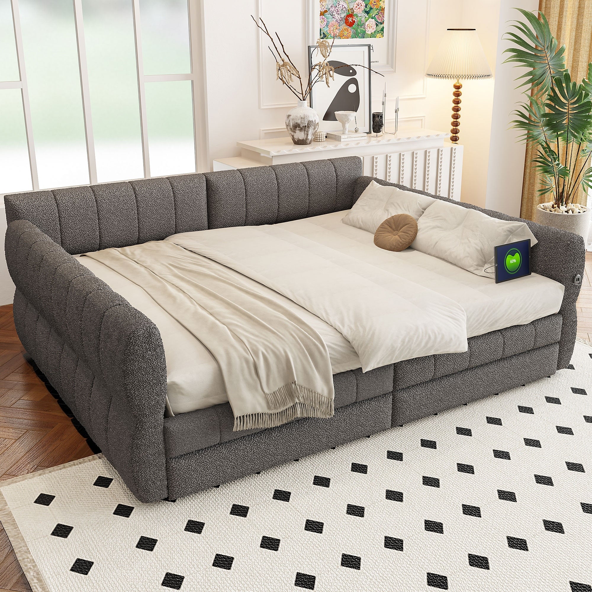 Roomfitters Queen Size Upholstered Platform Bed Frame Vertical Channel Tufted Daybed For Bedroom Living Room
