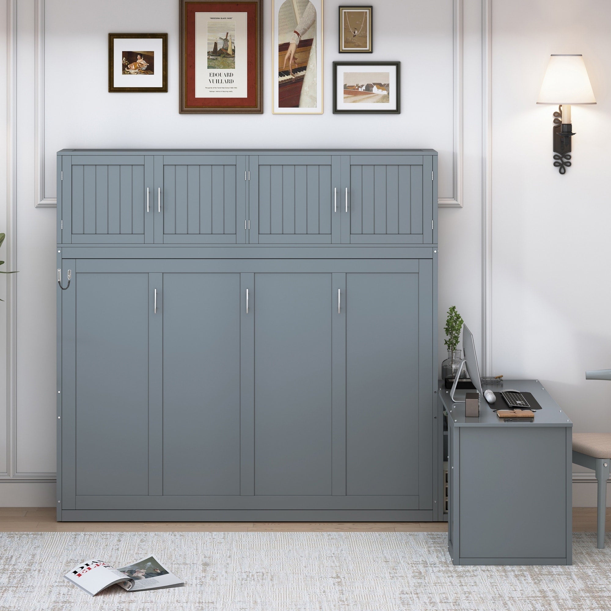 Roomfitters Queen Size Wall Murphy Bed With Desk Modern Wood Hidden Cabinet Bed Frame Upper Storage Wardrobe