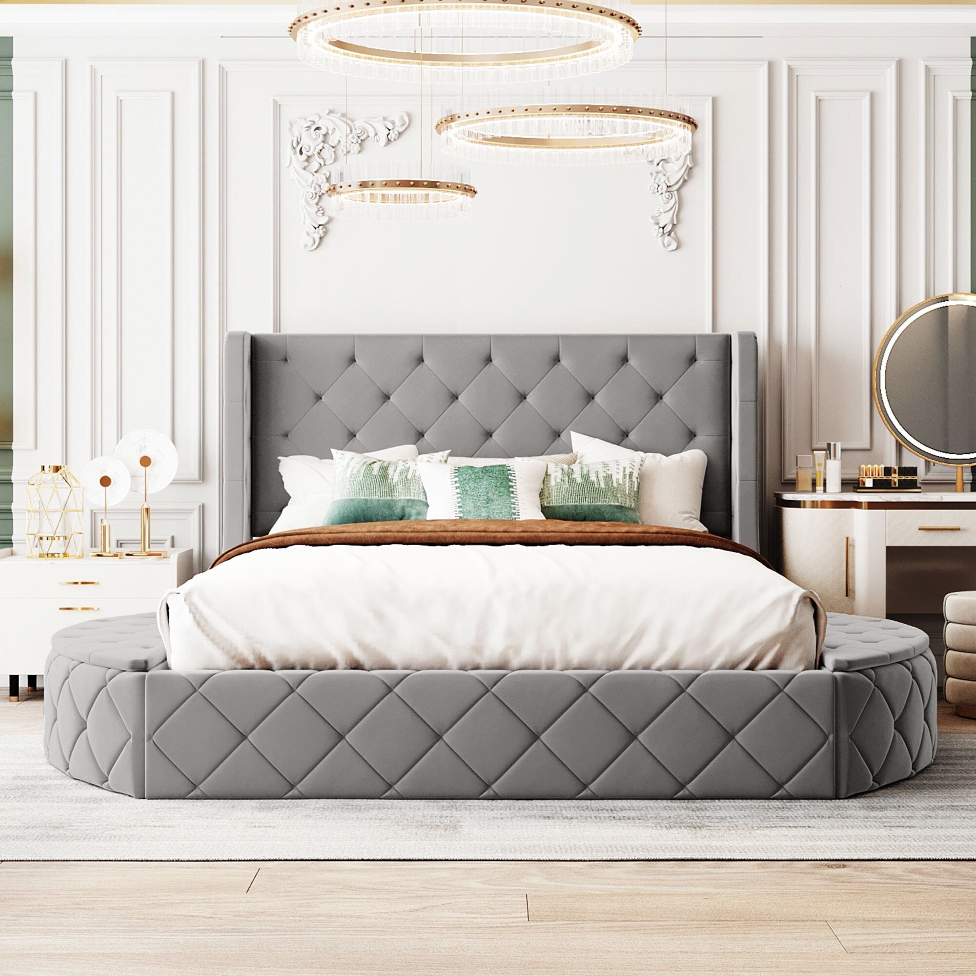 Roomfitters Queen Upholstered Platform Bed Tufted Wingback Headboard Velvet Frame Storage Unit Semicircular Stools